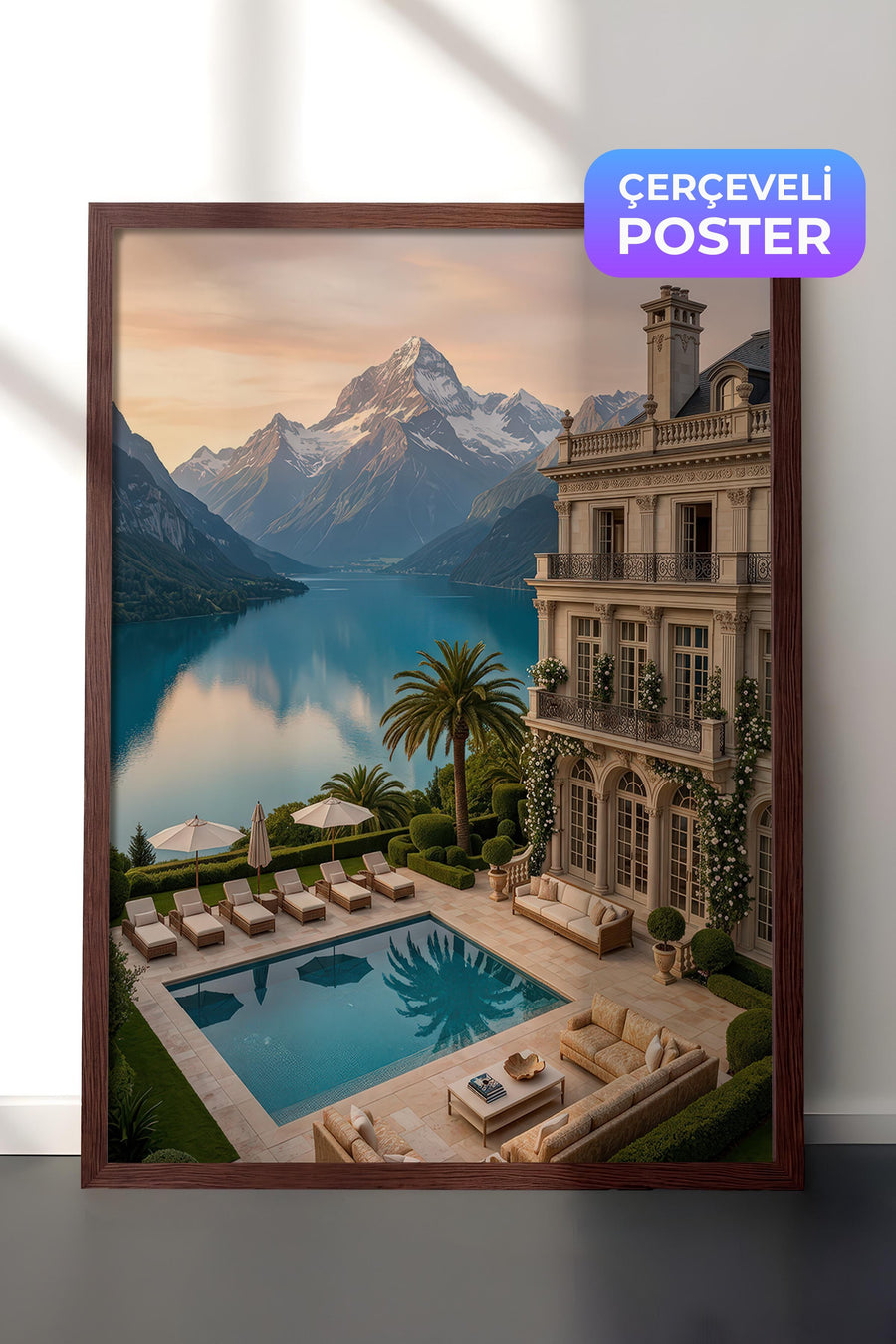 Dağ Manzaralı Havuzlu Villa Old Money Tasarımlar Poster – Kahverengi Çerçeveli Tablo