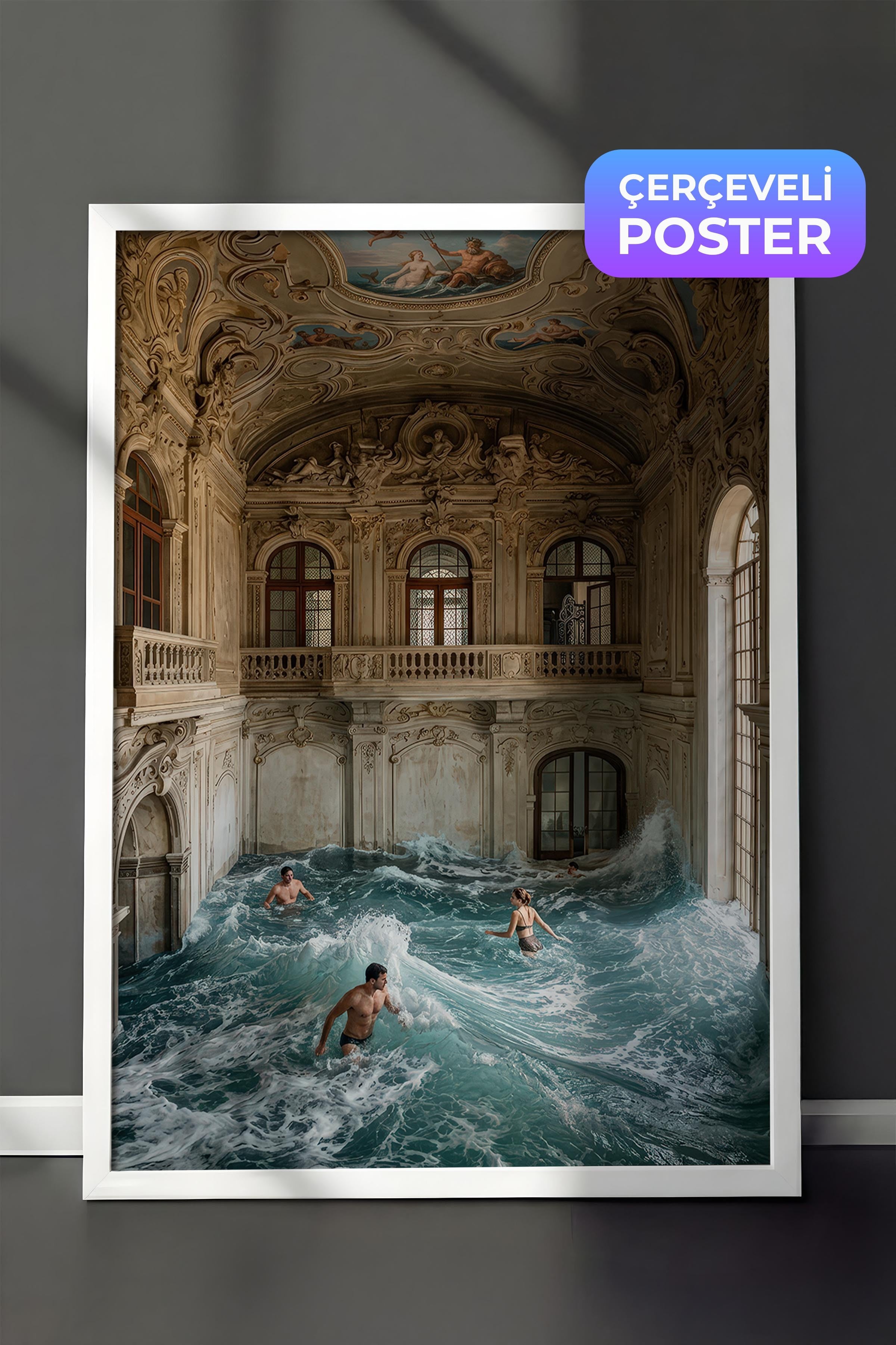 Dalga ve İnsanlar Posteri, Beyaz Çerçeveli Poster, Old Money Serisi, NO:113186