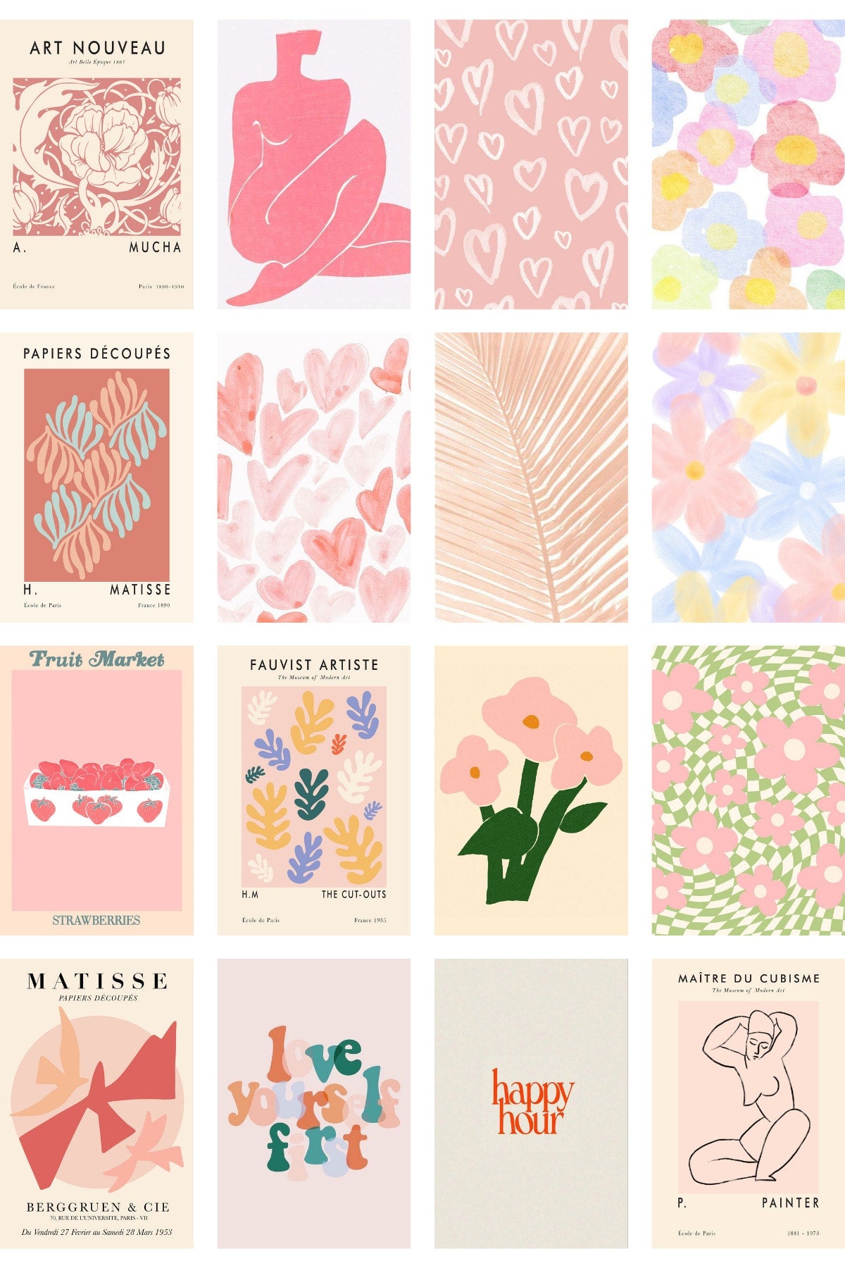 Danish Pastel Poster Seti - Arkası Yapışkanlı Pembe Poster Seti - 70 Adet Poster Kolaj Seti - 1m*1m