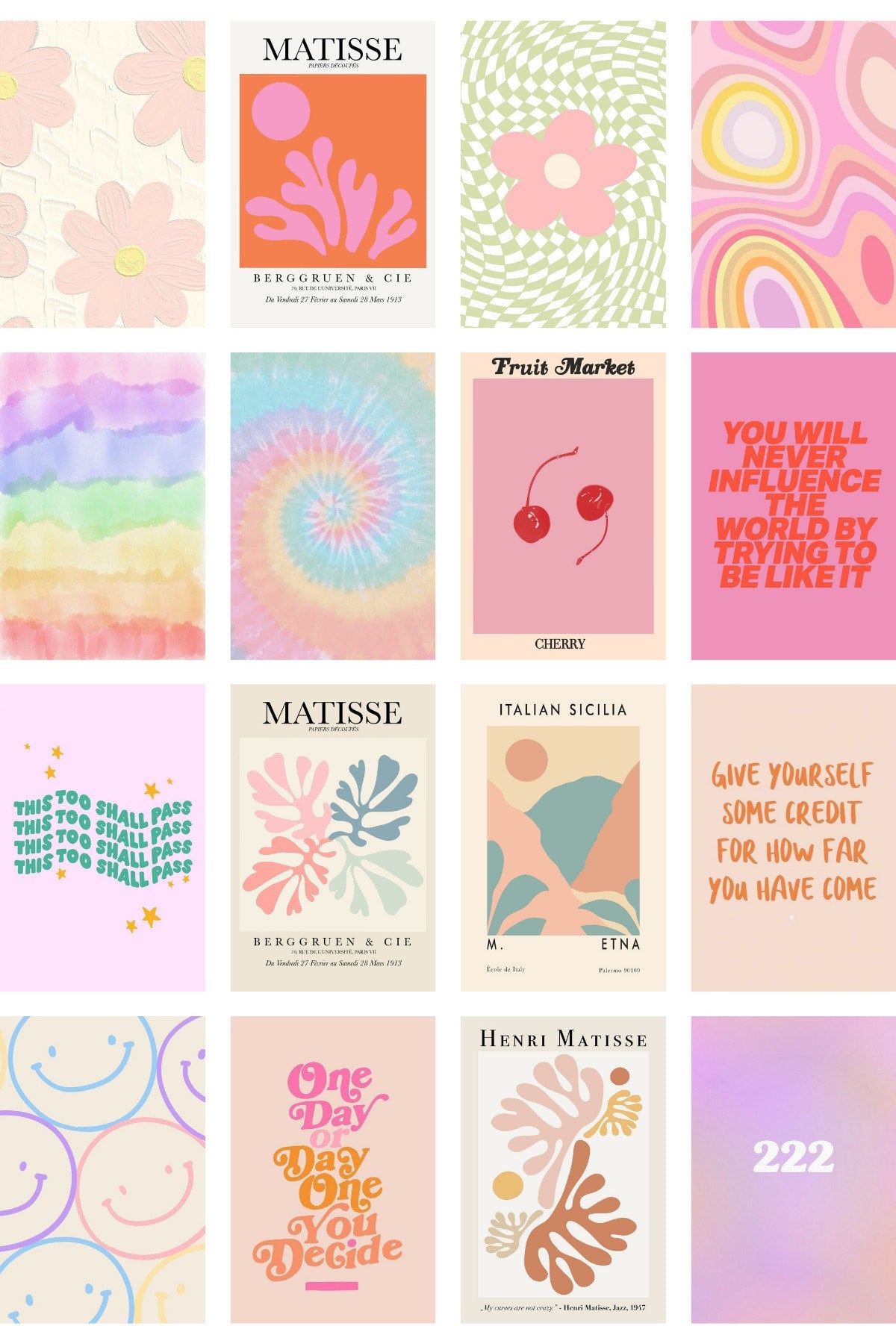 Danish Pastel Poster Seti - Arkası Yapışkanlı Pembe Poster Seti - 70 Adet Poster Kolaj Seti - 1m*1m