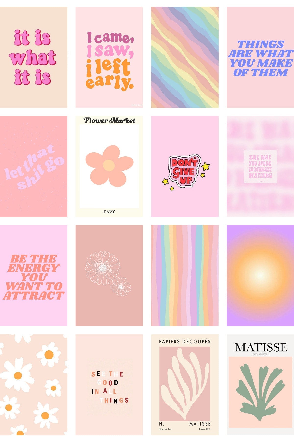Danish Pastel Poster Seti - Arkası Yapışkanlı Pembe Poster Seti - 70 Adet Poster Kolaj Seti - 1m*1m