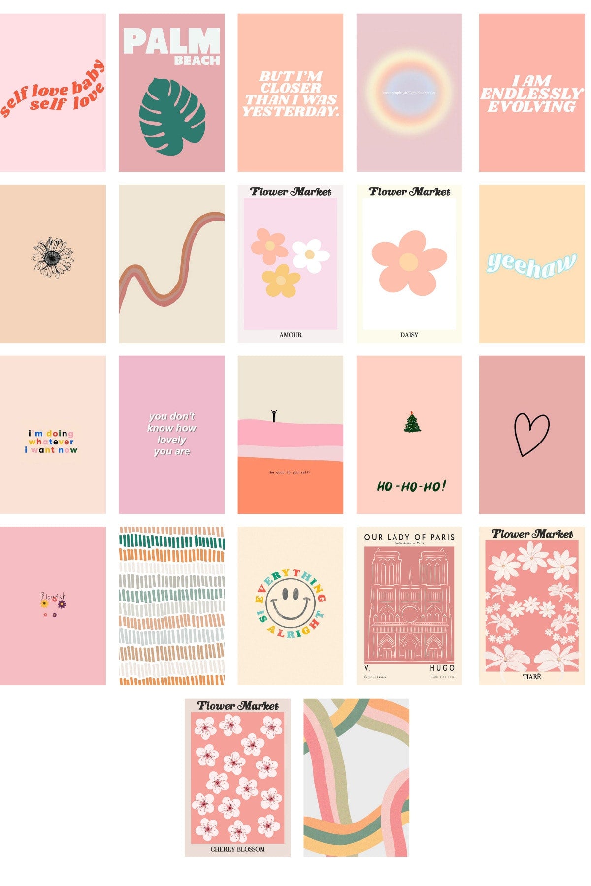 Danish Pastel Poster Seti - Arkası Yapışkanlı Pembe Poster Seti - 70 Adet Poster Kolaj Seti - 1m*1m