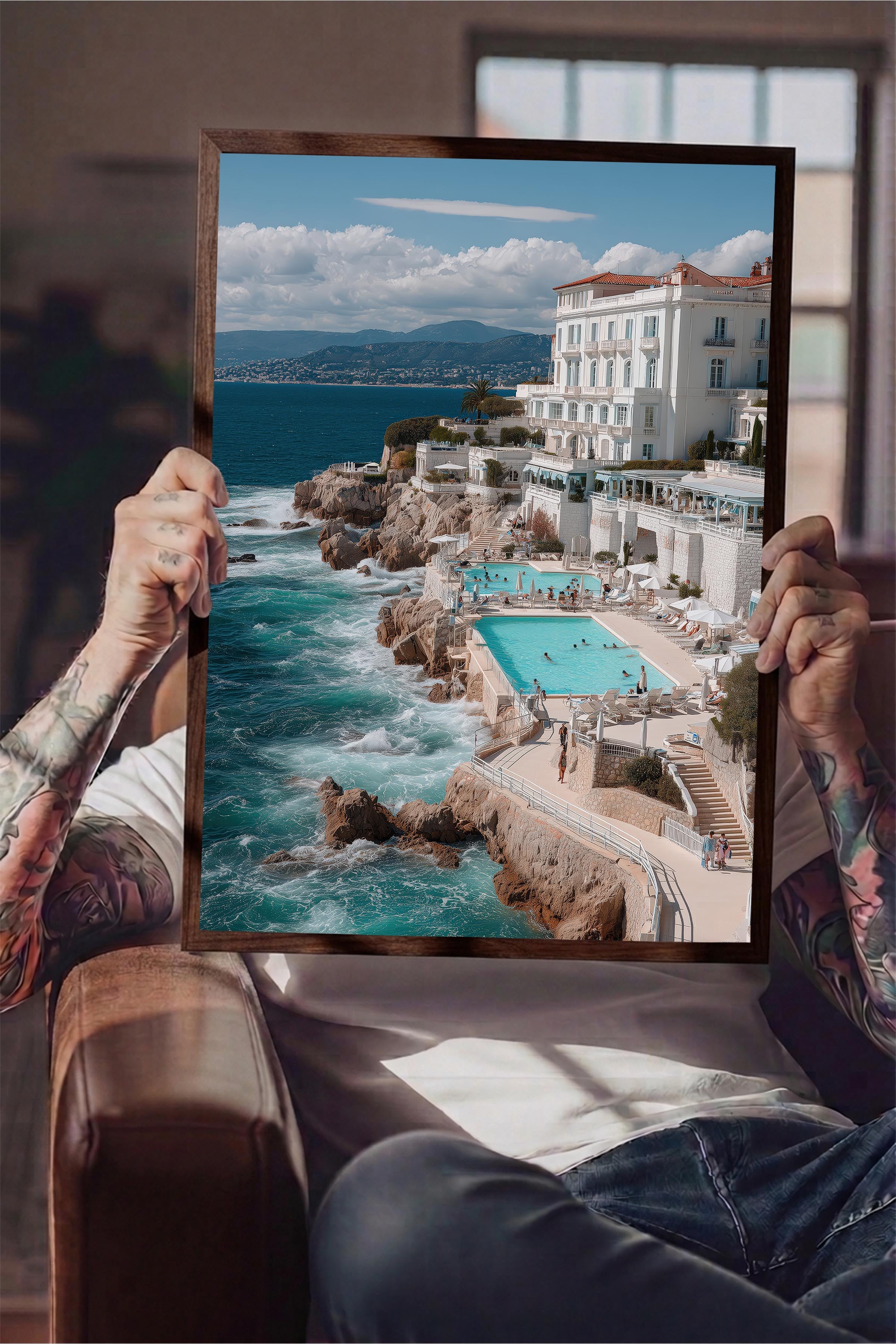 Deniz ve Bina Posteri, Kahverengi Çerçeveli Poster, Old Money Serisi, NO:113219