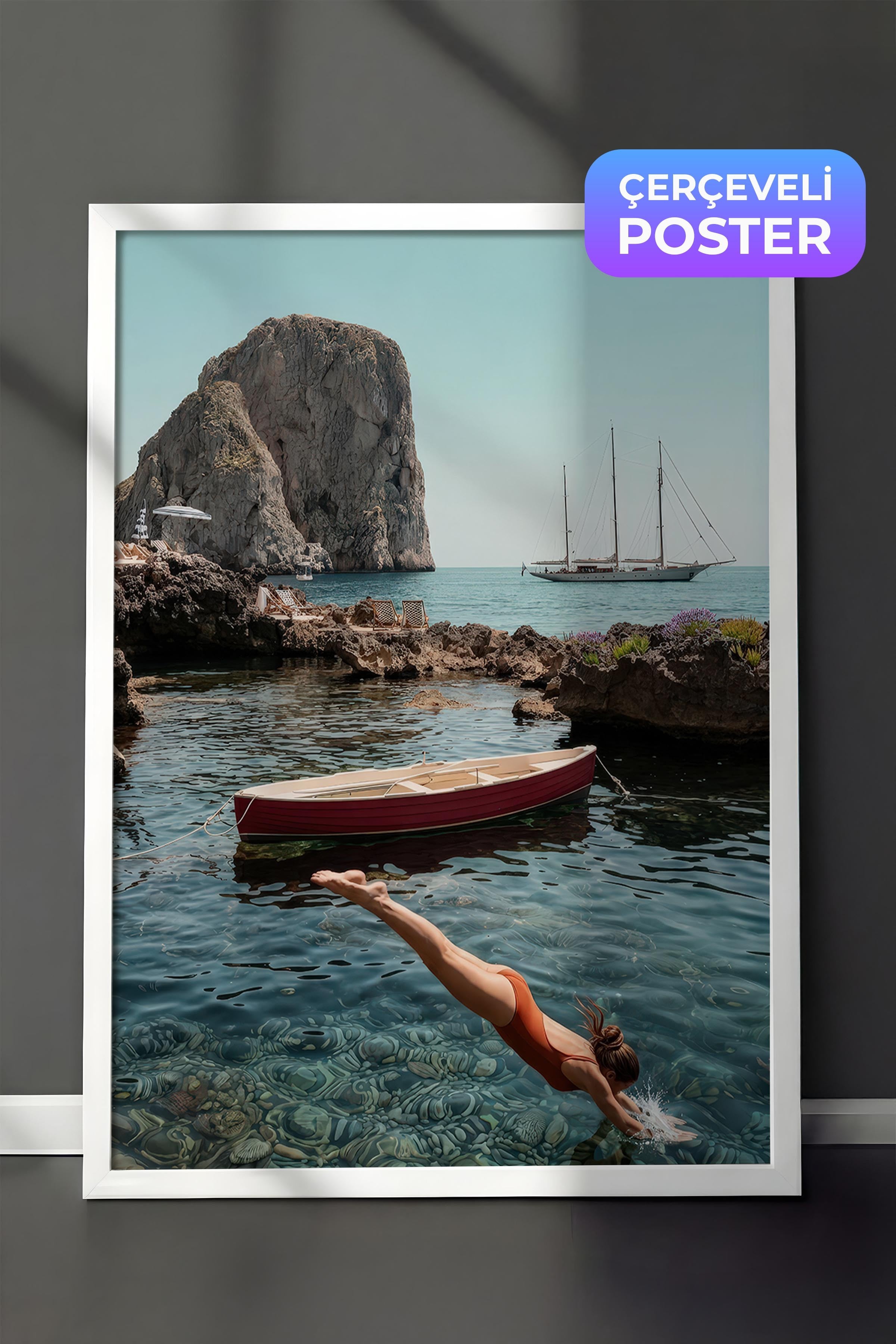 Deniz ve Yelkenli Posteri, Beyaz Çerçeveli Poster, Old Money Serisi, NO:113183