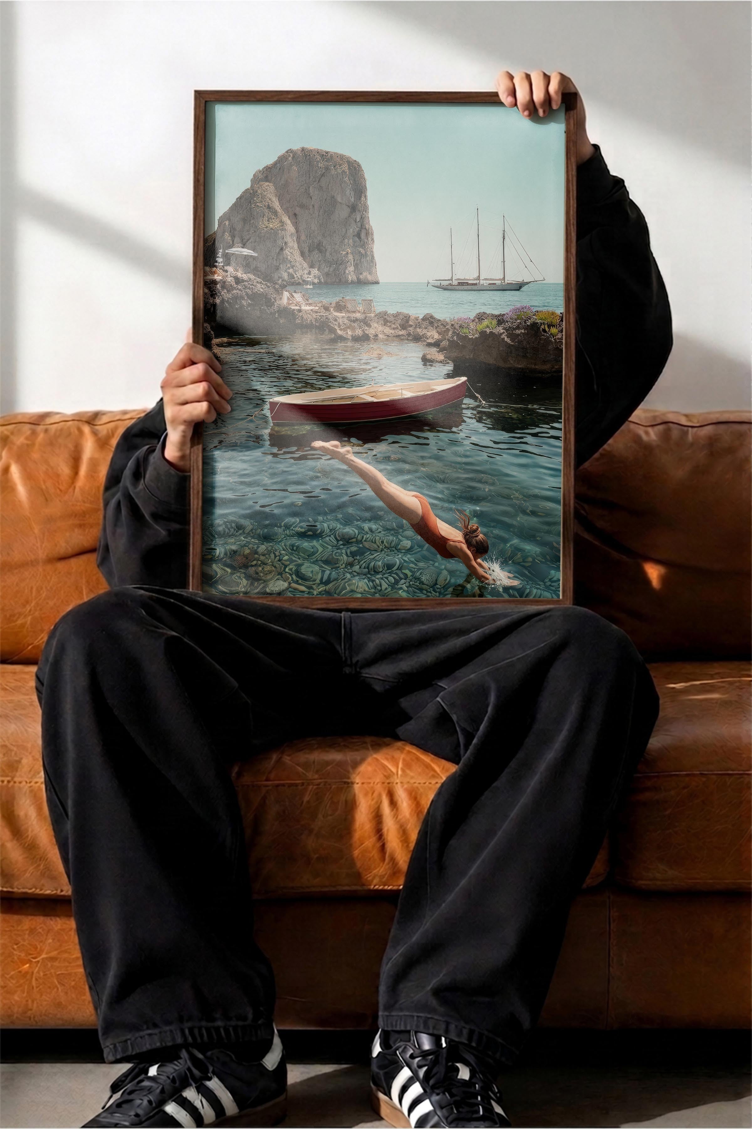 Deniz ve Yelkenli Posteri, Kahverengi Çerçeveli Poster, Old Money Serisi, NO:113183