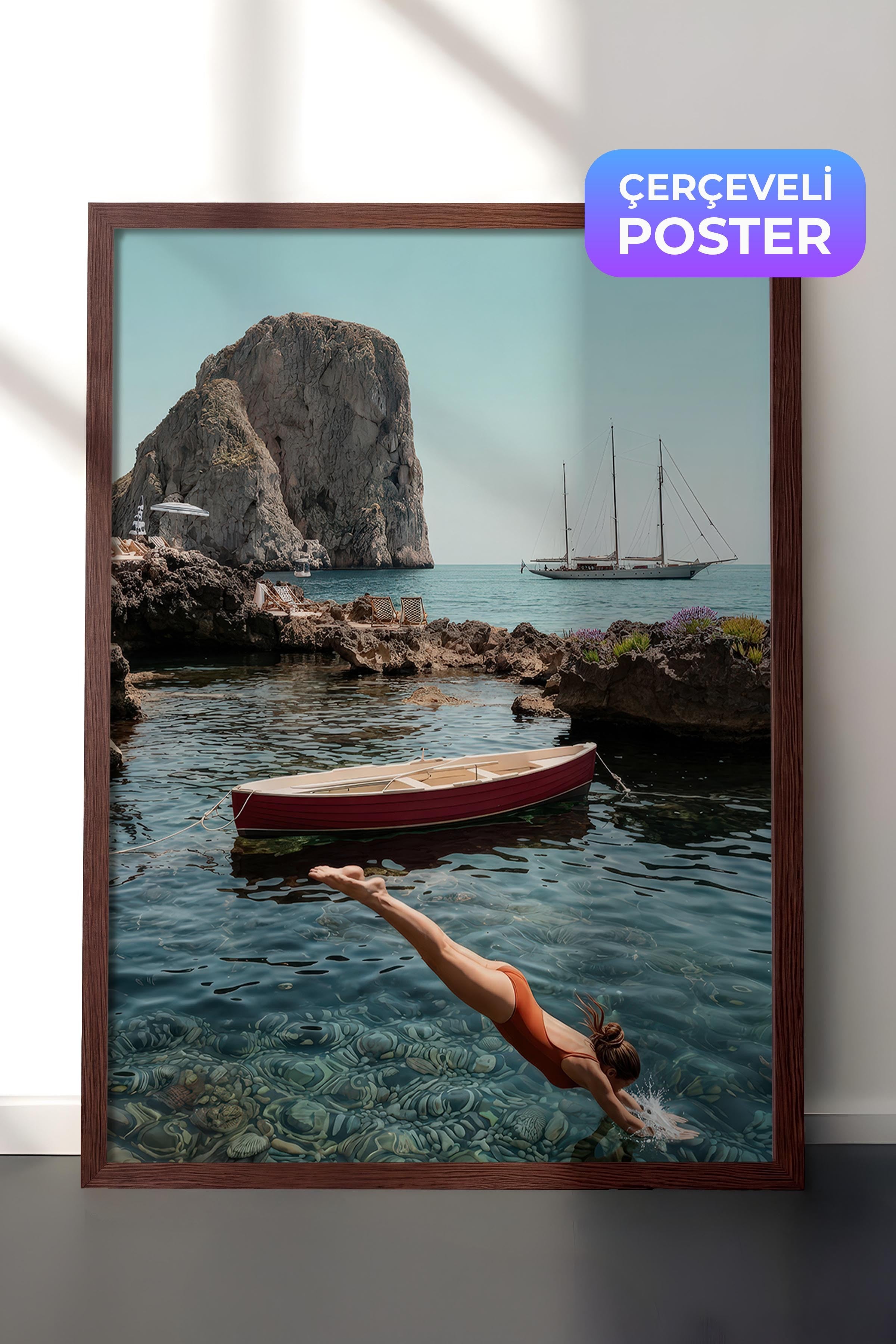 Deniz ve Yelkenli Posteri, Kahverengi Çerçeveli Poster, Old Money Serisi, NO:113183