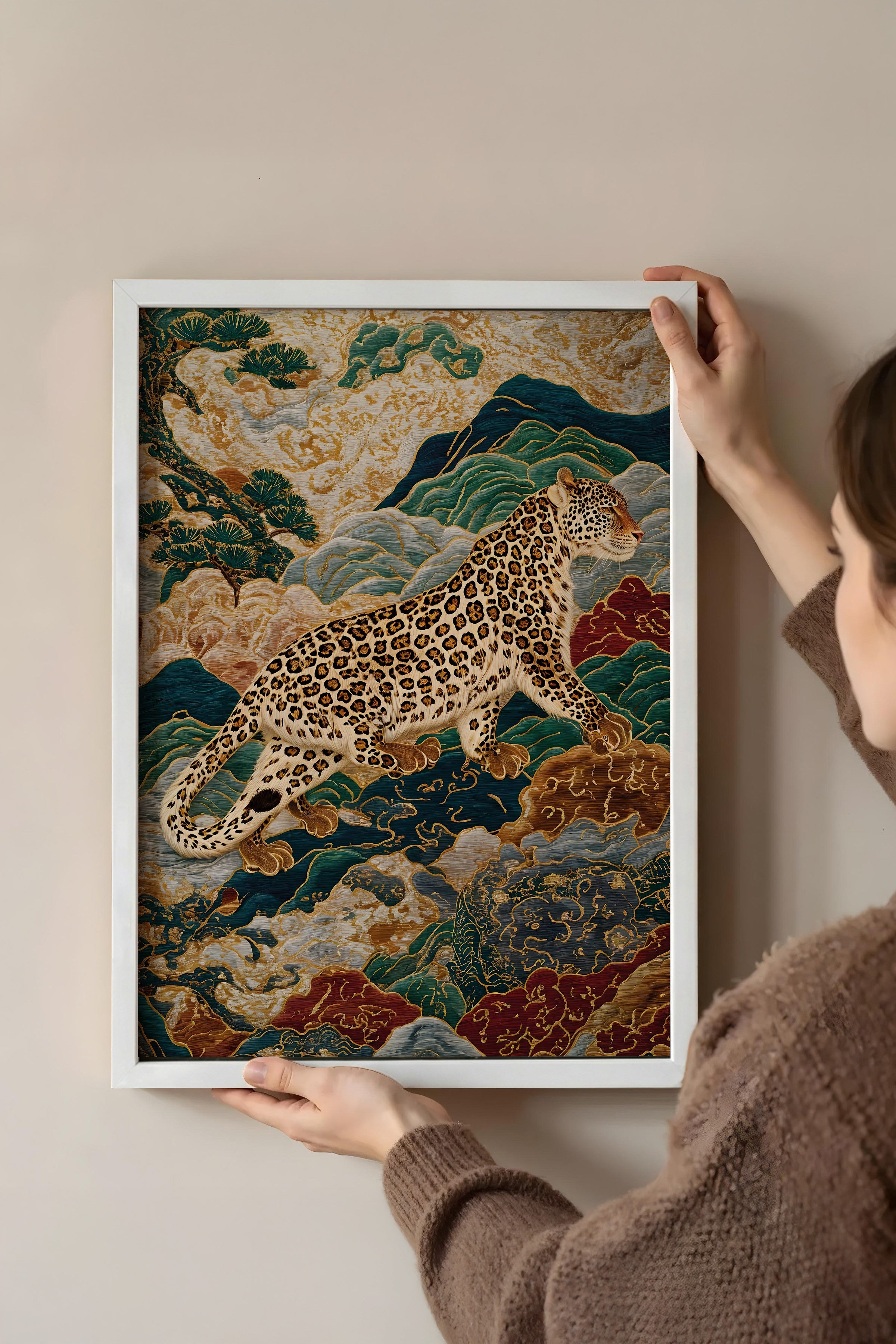 Duvar Tablosu, Beyaz Çerçeveli Tablo ve Poster, Ritüel Serisi, Leopar Tablo, NO:115250