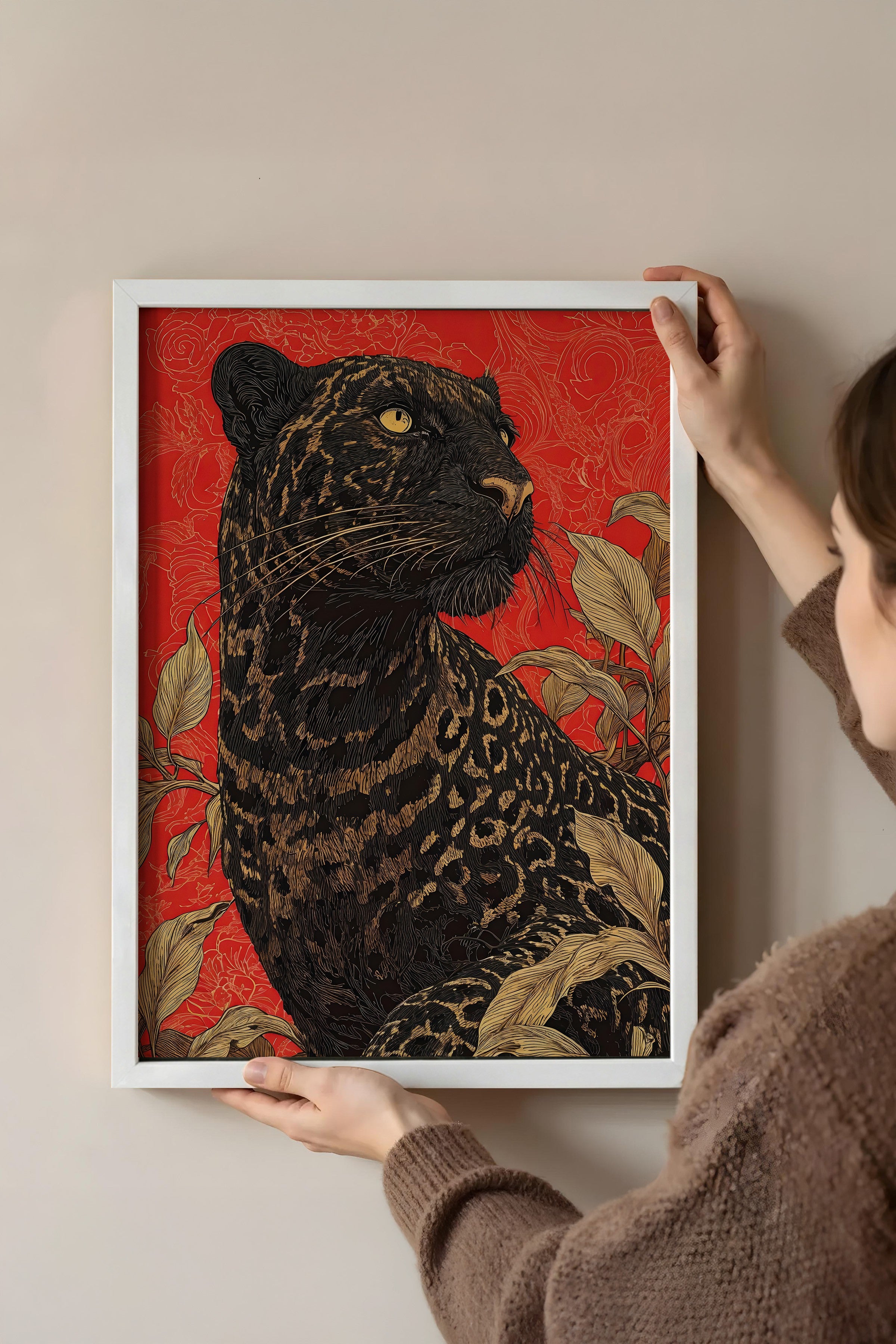 Duvar Tablosu, Beyaz Çerçeveli Tablo ve Poster, Ritüel Serisi, Leopar Tablo, NO:115265