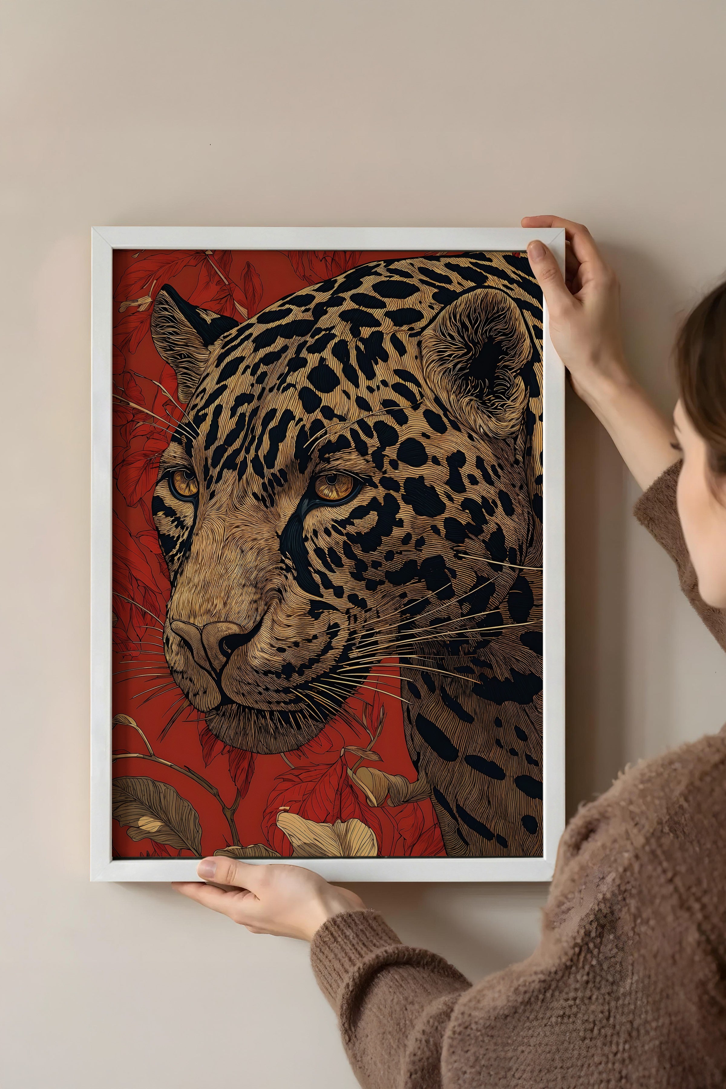 Duvar Tablosu, Beyaz Çerçeveli Tablo ve Poster, Ritüel Serisi, Leopar Tablo, NO:115273