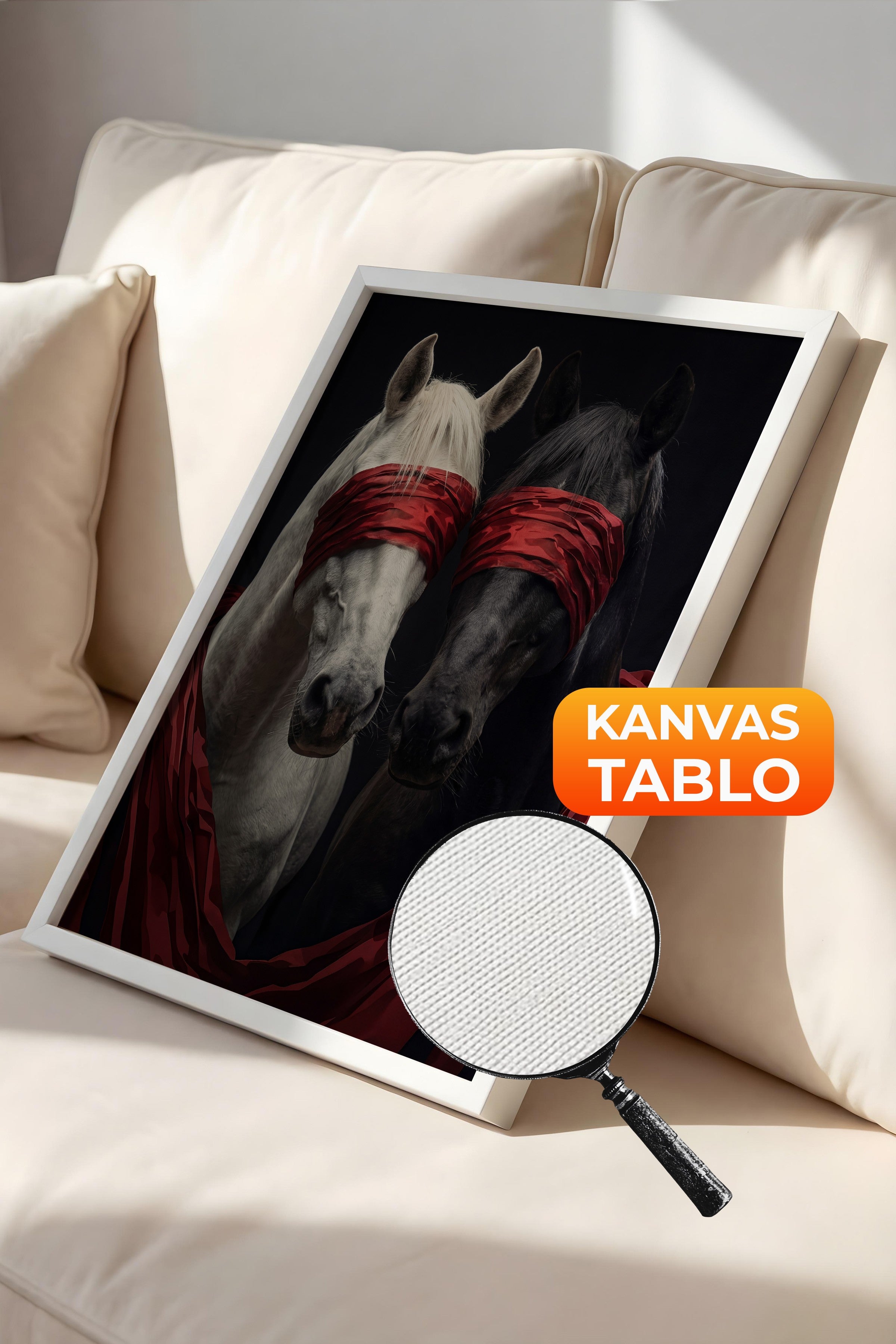 Duvar Tablosu, Lüks Beyaz Çerçeveli Kanvas Tablo, Ritüel Serisi, At Tablo, NO:115189