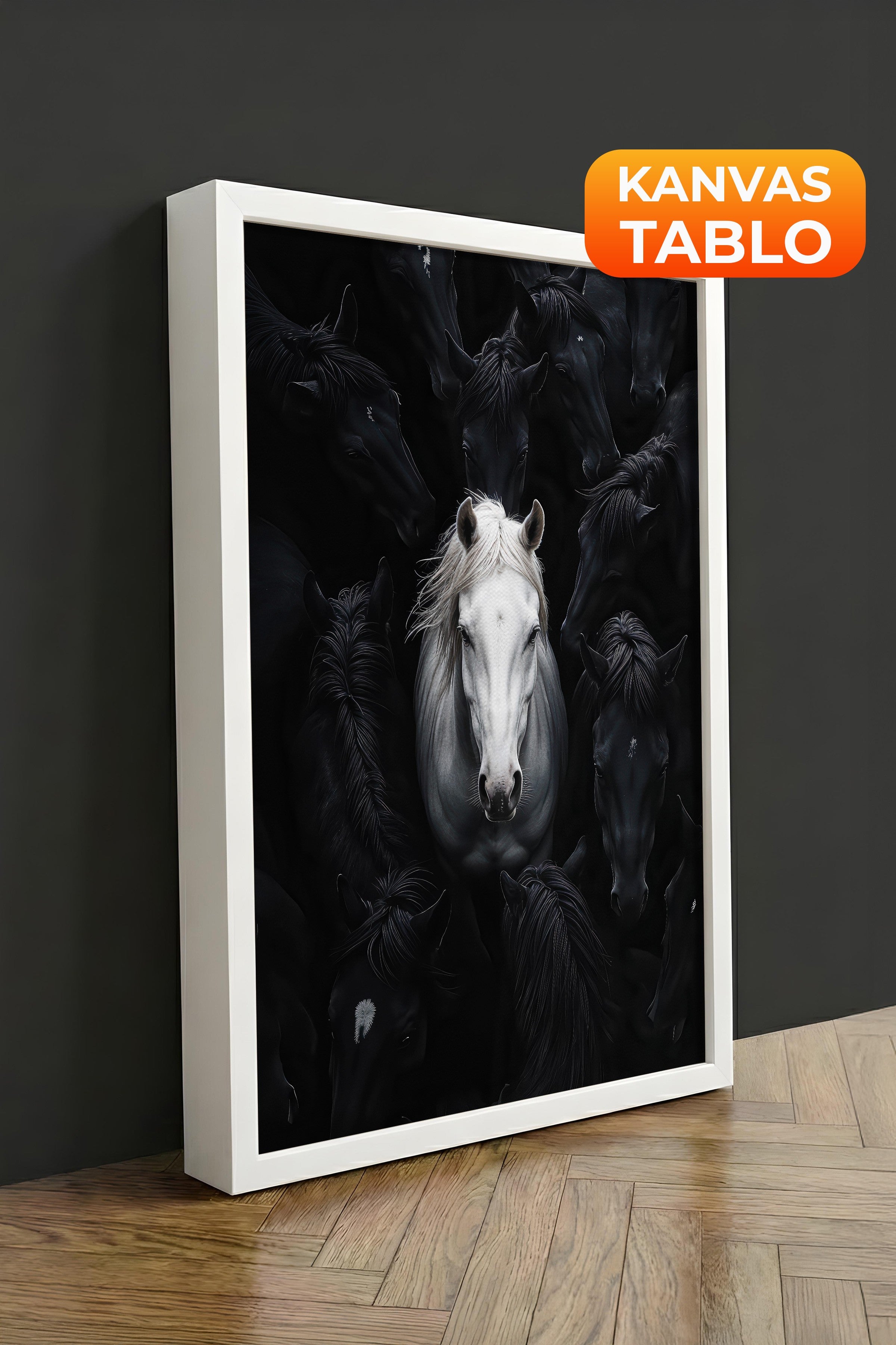 Duvar Tablosu, Lüks Beyaz Çerçeveli Kanvas Tablo, Ritüel Serisi, At Tablo, NO:115190