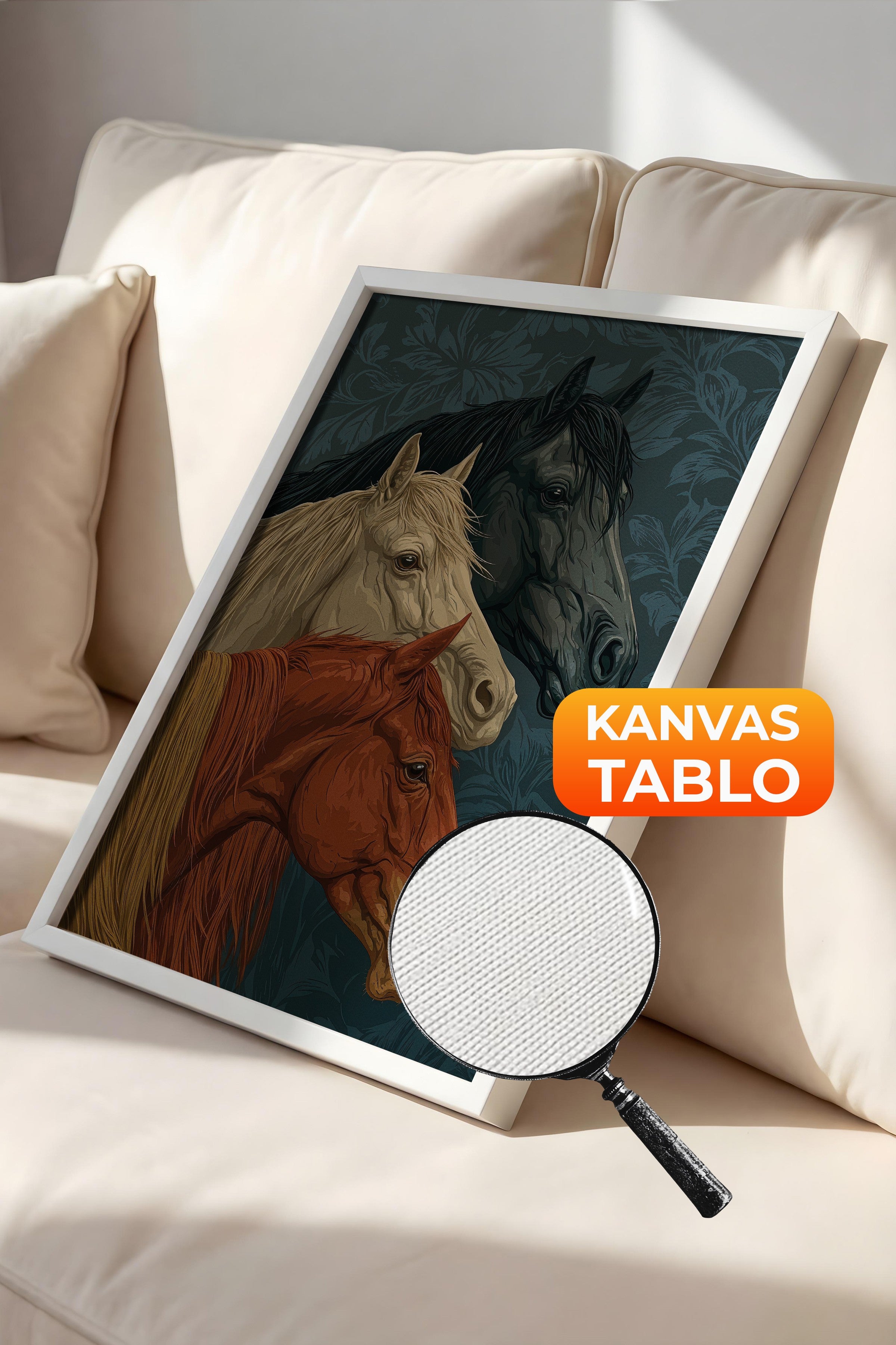 Duvar Tablosu, Lüks Beyaz Çerçeveli Kanvas Tablo, Ritüel Serisi, At Tablo, NO:115196