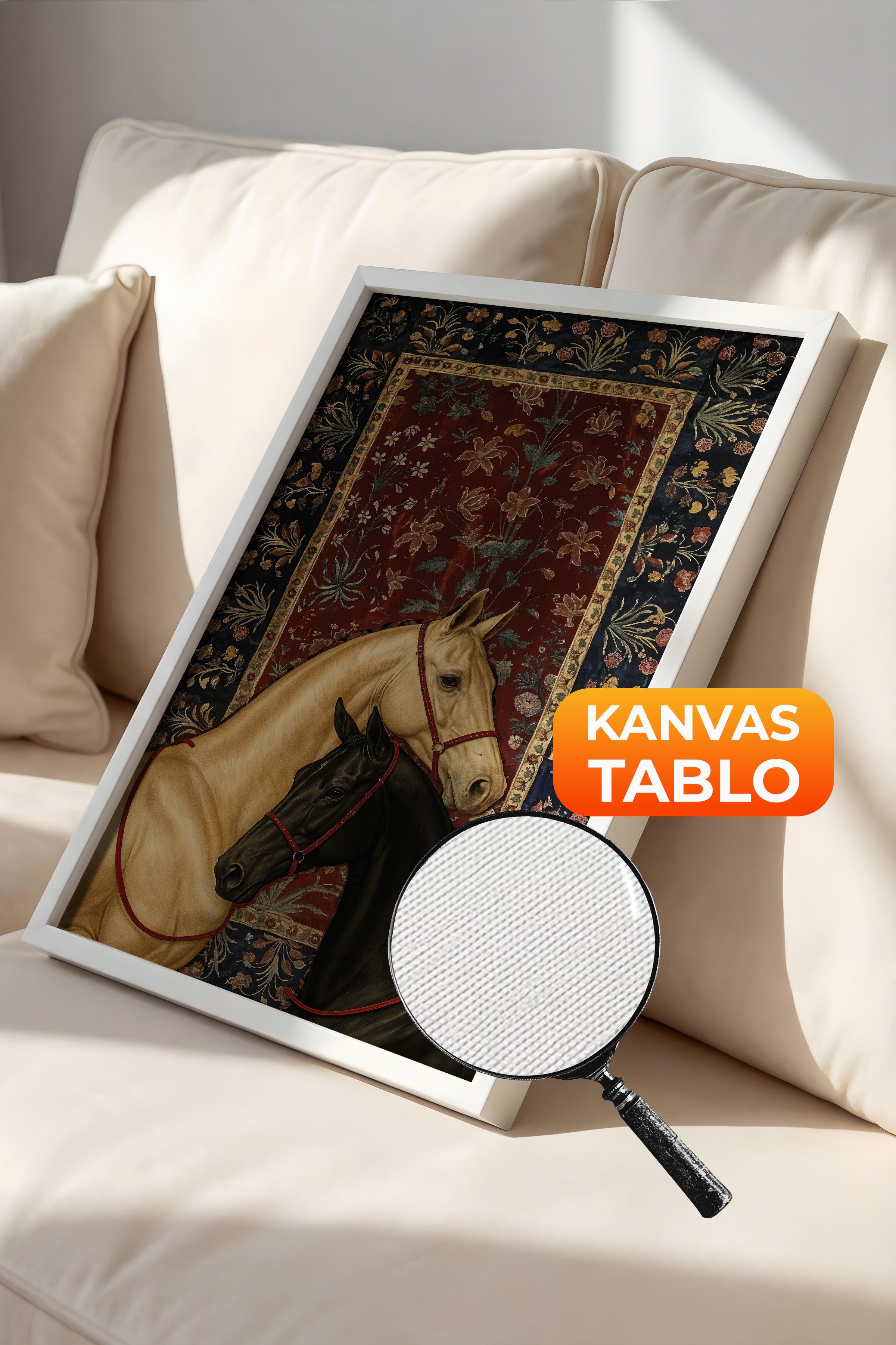 Duvar Tablosu, Lüks Beyaz Çerçeveli Kanvas Tablo, Ritüel Serisi, At Tablo, NO:115197