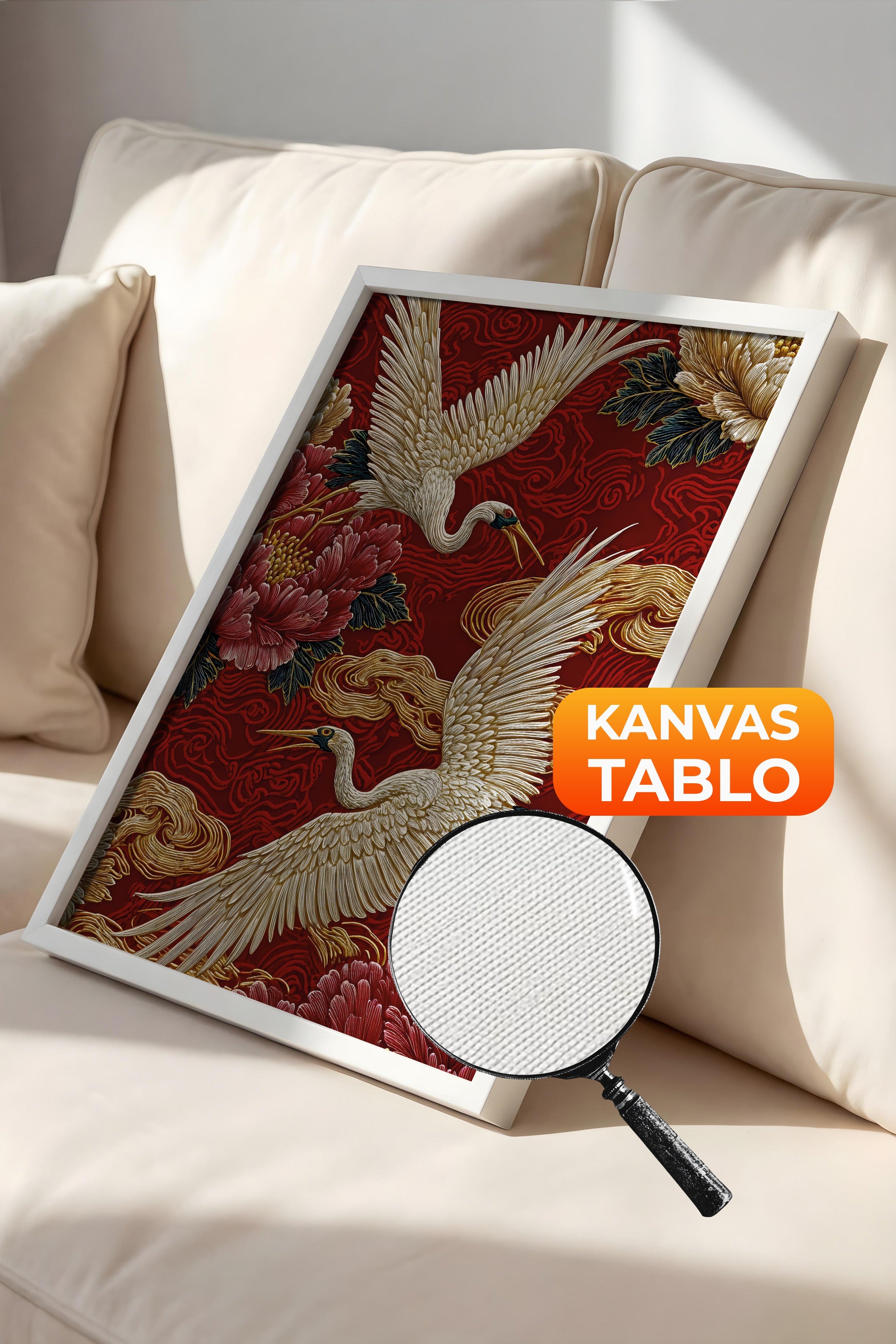 Duvar Tablosu, Lüks Beyaz Çerçeveli Kanvas Tablo, Ritüel Serisi, Kuş Tablo, NO:115248