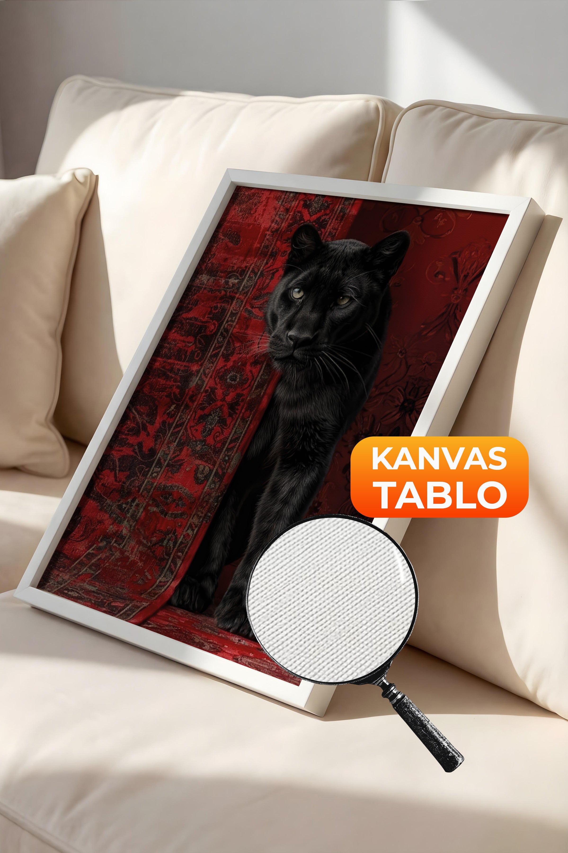 Duvar Tablosu, Lüks Beyaz Çerçeveli Kanvas Tablo, Ritüel Serisi, Leopar Tablo, NO:115238