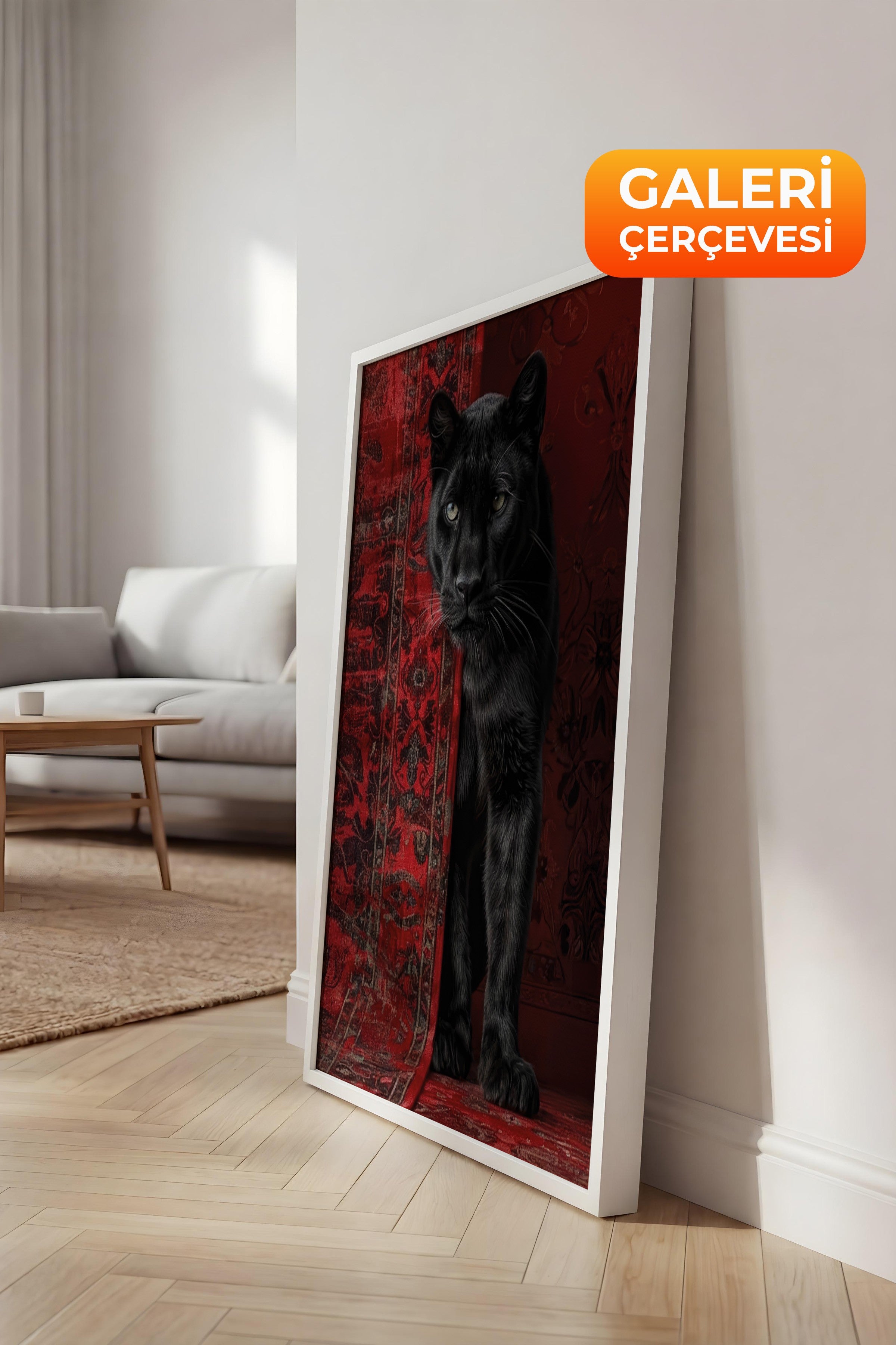 Duvar Tablosu, Lüks Beyaz Çerçeveli Kanvas Tablo, Ritüel Serisi, Leopar Tablo, NO:115238