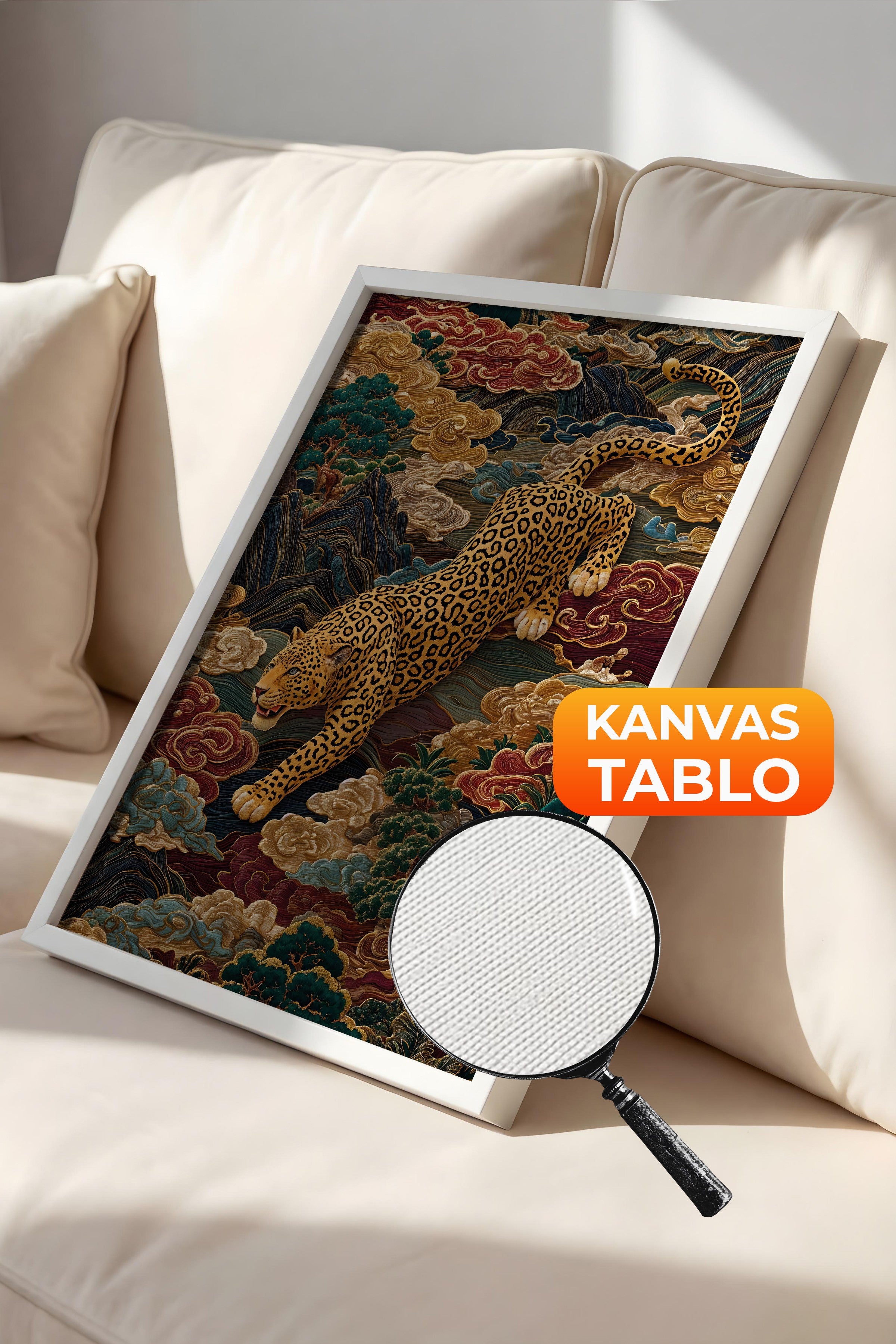 Duvar Tablosu, Lüks Beyaz Çerçeveli Kanvas Tablo, Ritüel Serisi, Leopar Tablo, NO:115247