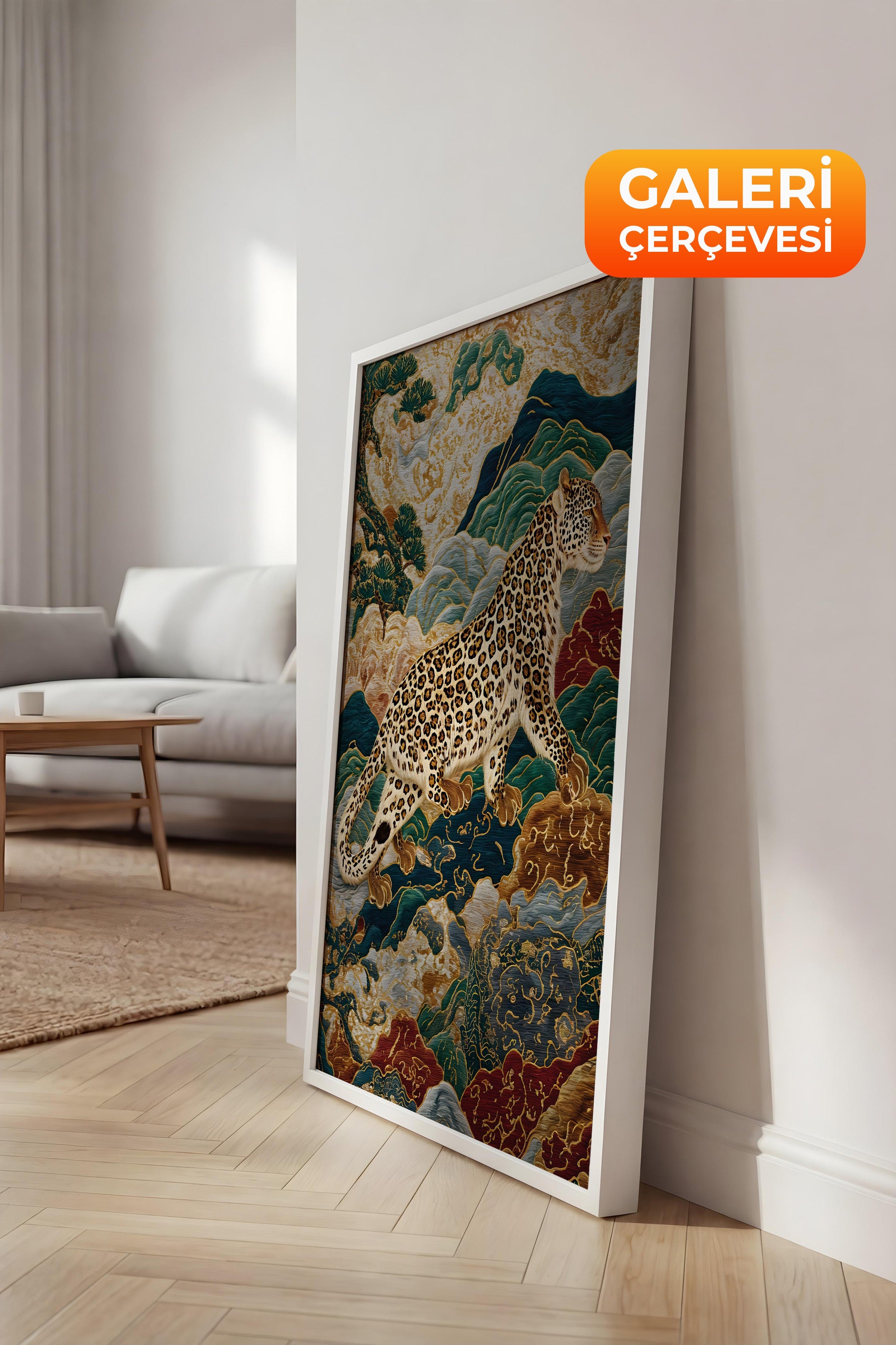 Duvar Tablosu, Lüks Beyaz Çerçeveli Kanvas Tablo, Ritüel Serisi, Leopar Tablo, NO:115250