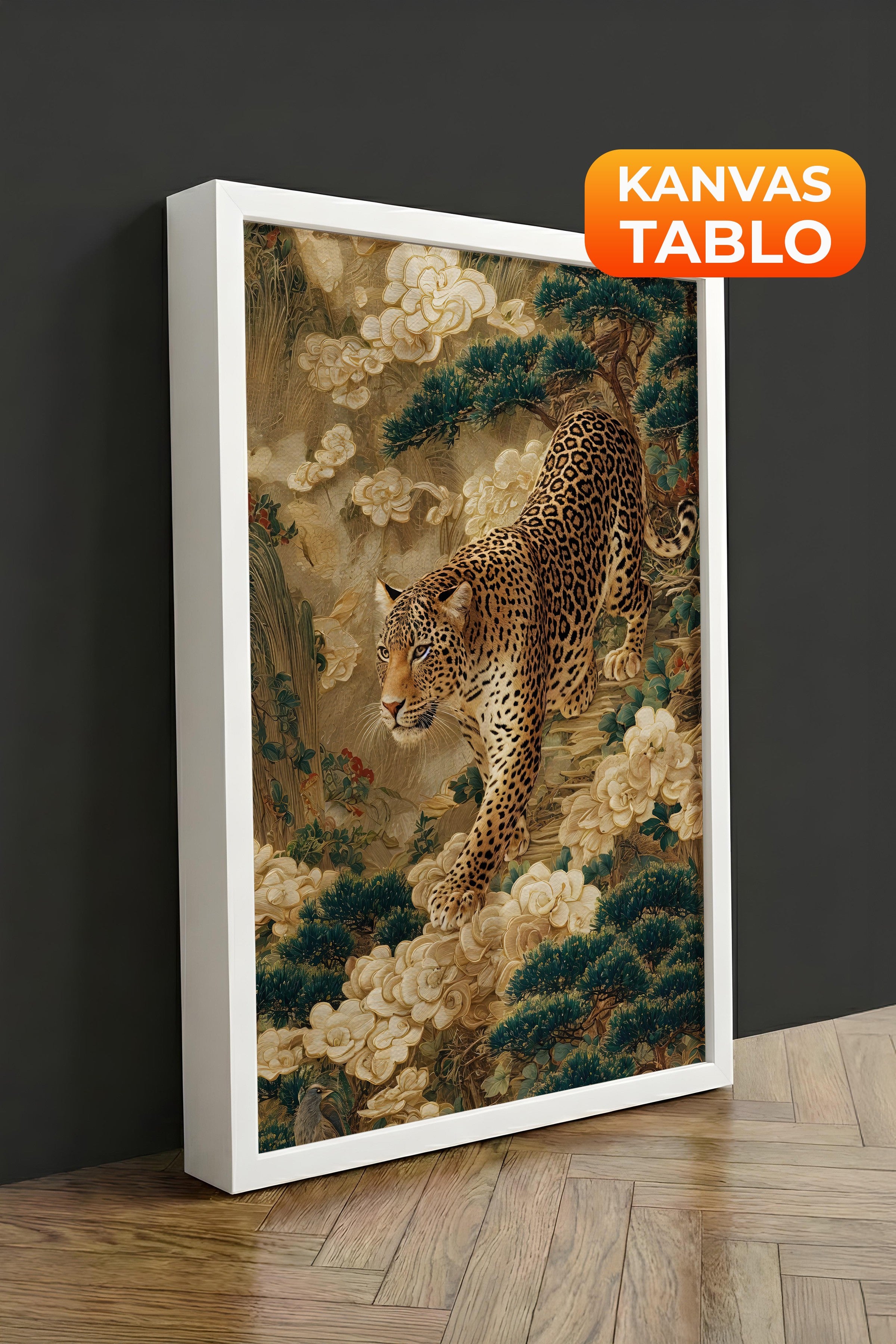 Duvar Tablosu, Lüks Beyaz Çerçeveli Kanvas Tablo, Ritüel Serisi, Leopar Tablo, NO:115251