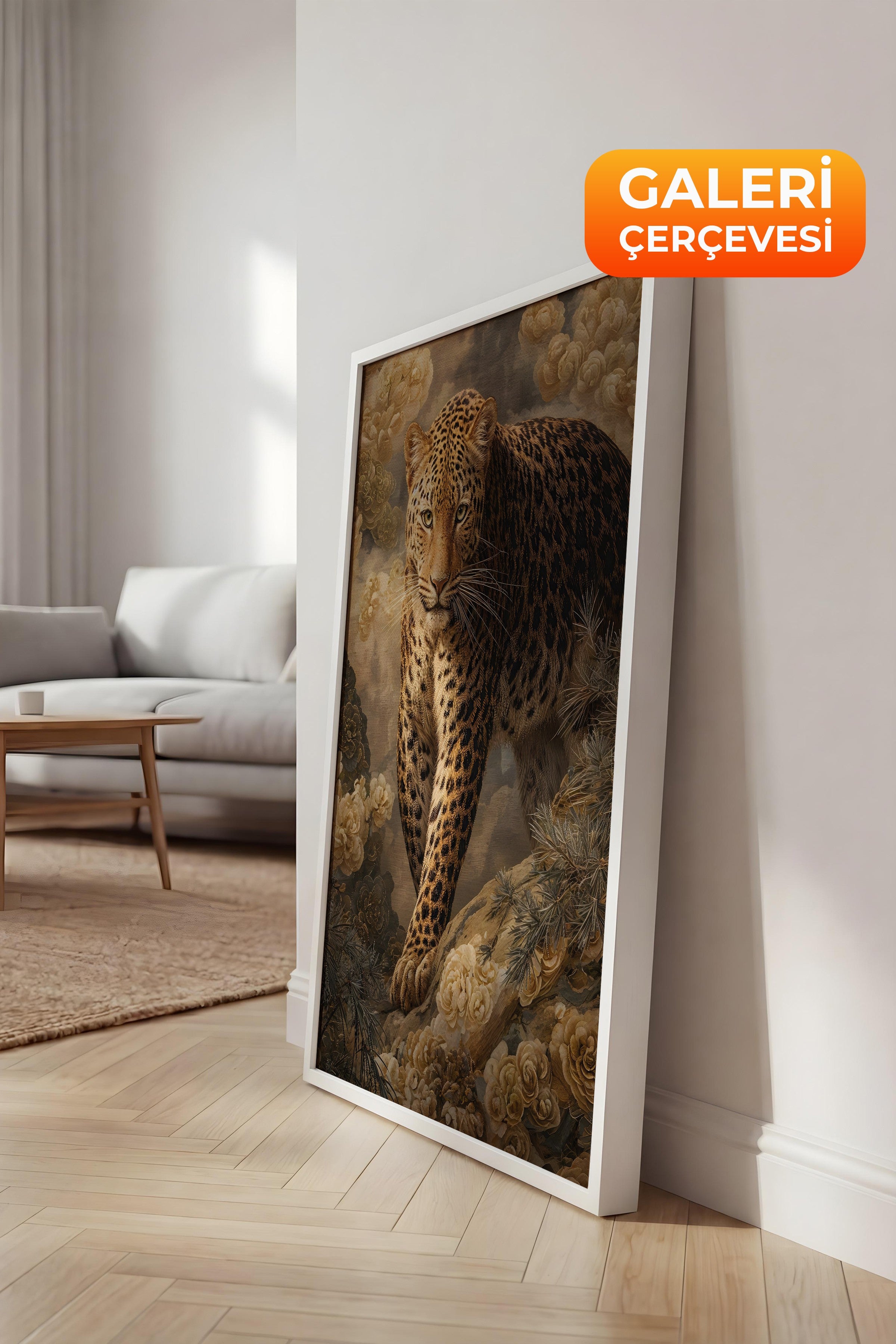 Duvar Tablosu, Lüks Beyaz Çerçeveli Kanvas Tablo, Ritüel Serisi, Leopar Tablo, NO:115254