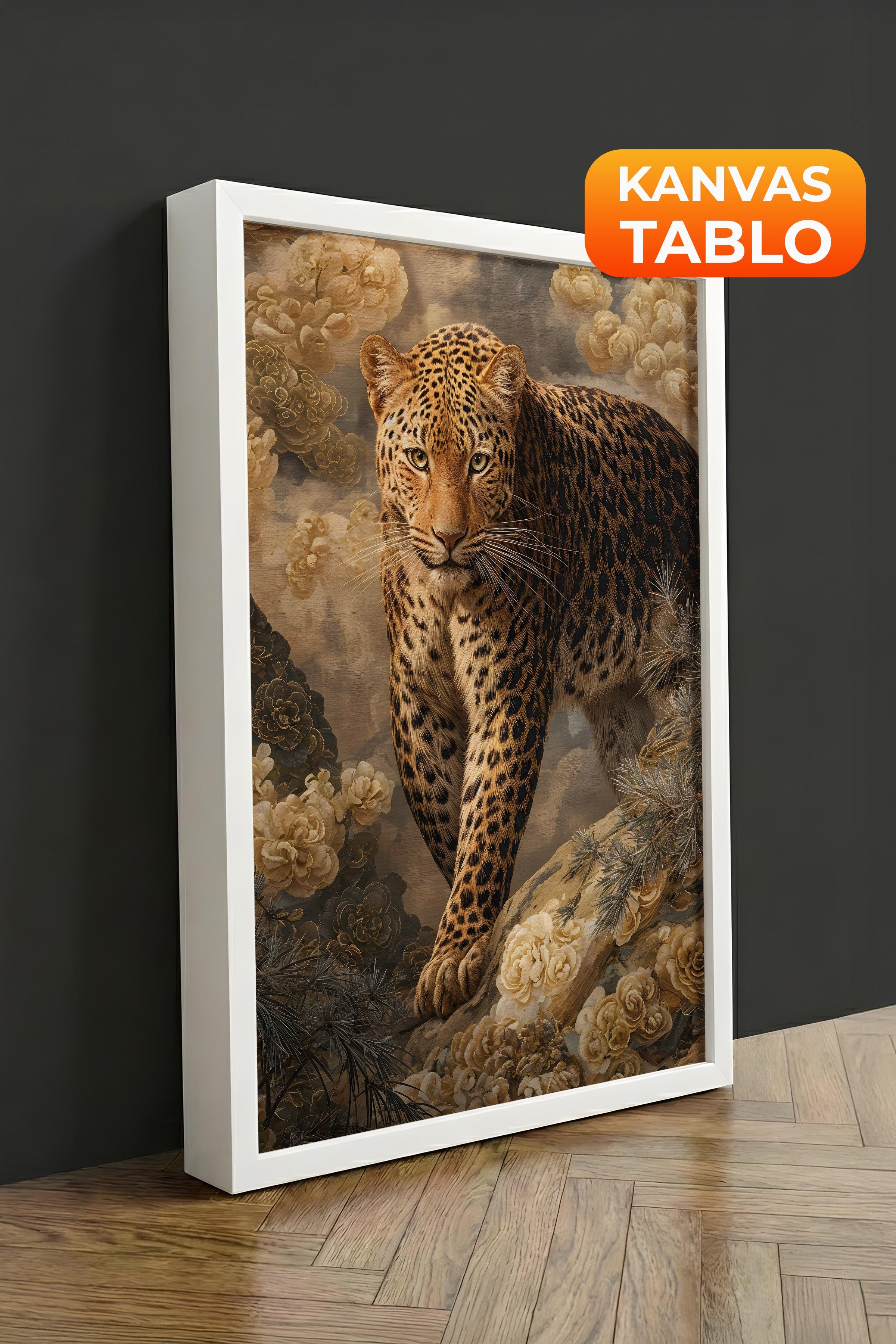 Duvar Tablosu, Lüks Beyaz Çerçeveli Kanvas Tablo, Ritüel Serisi, Leopar Tablo, NO:115254