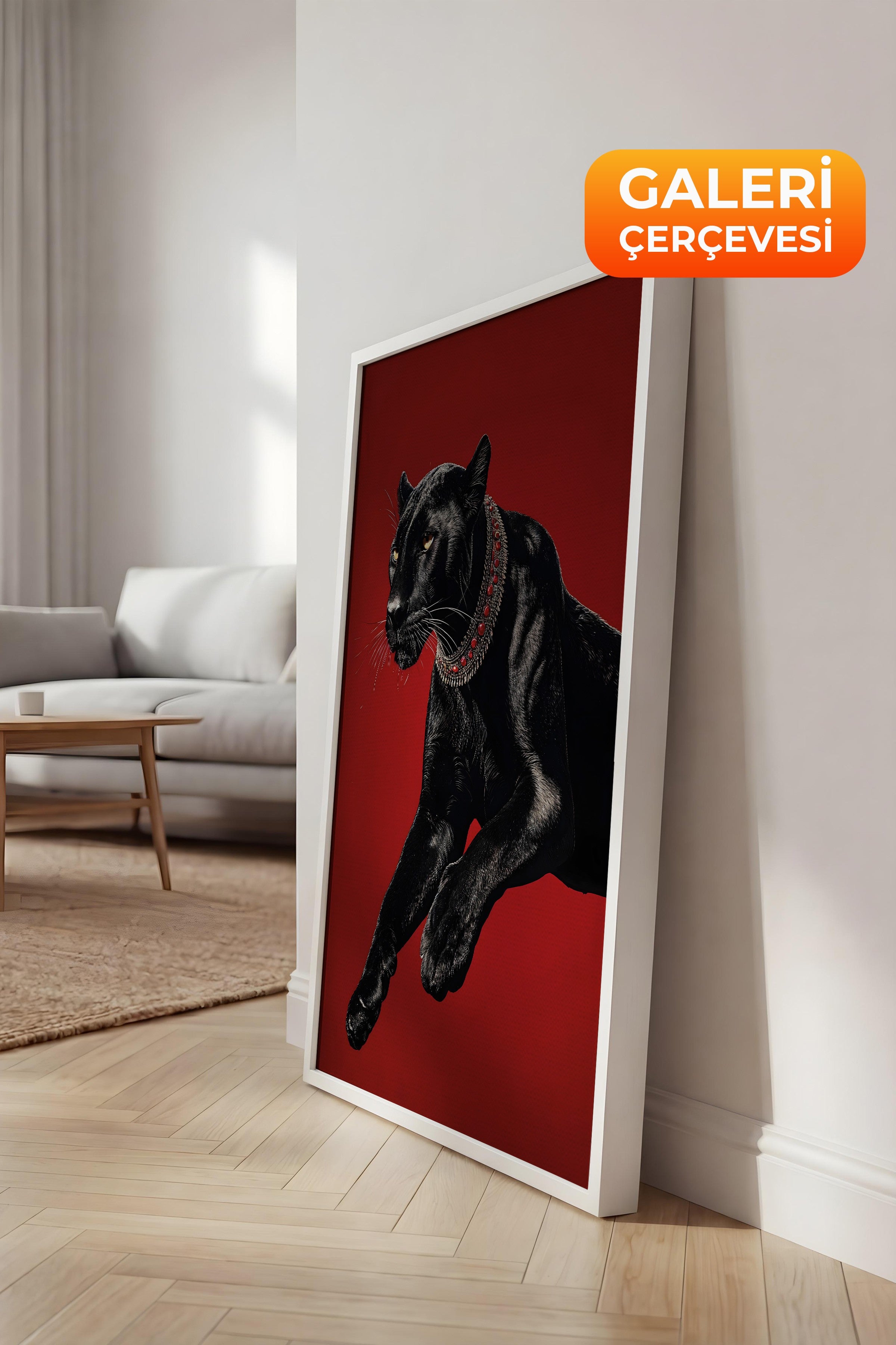 Duvar Tablosu, Lüks Beyaz Çerçeveli Kanvas Tablo, Ritüel Serisi, Leopar Tablo, NO:115261