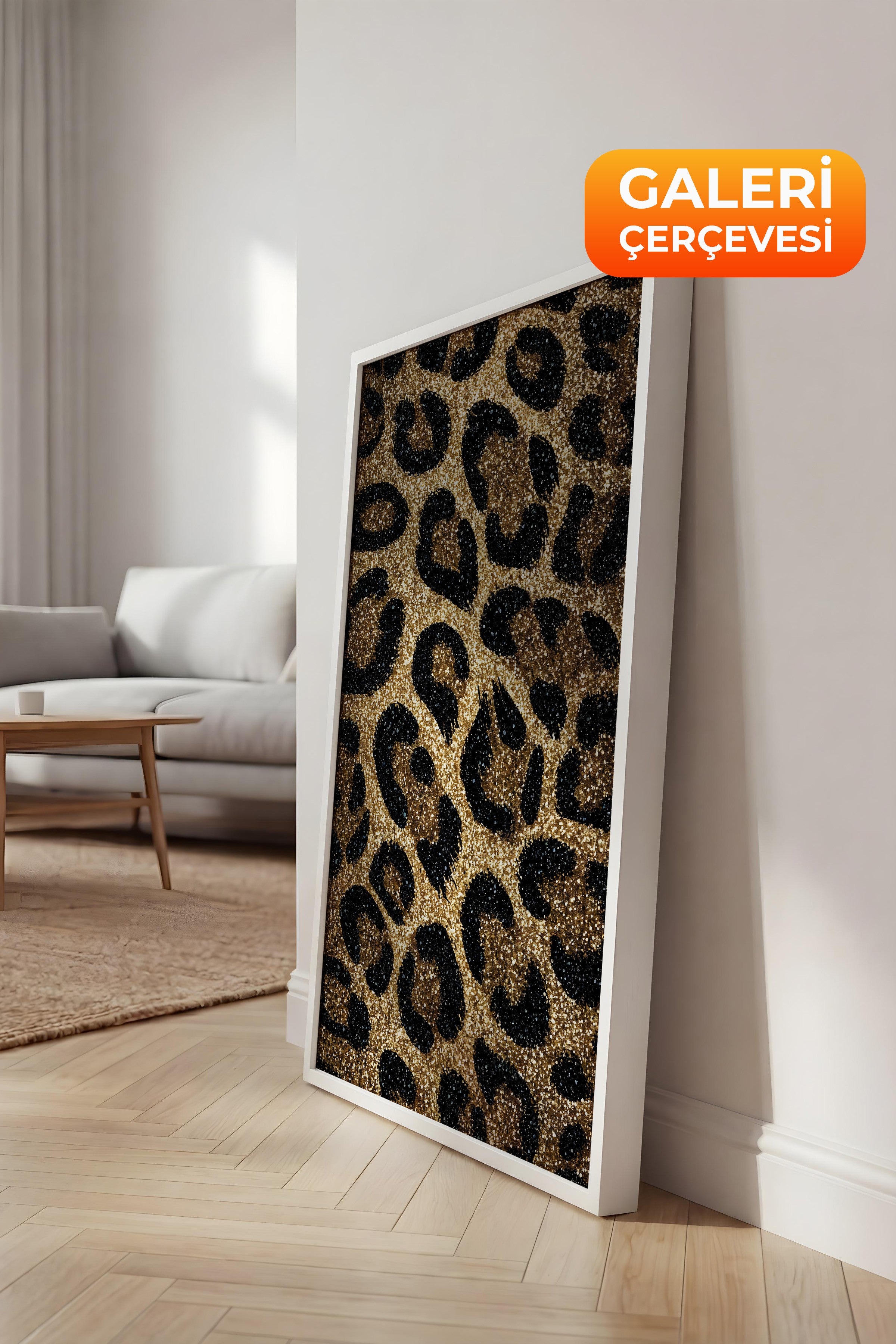 Duvar Tablosu, Lüks Beyaz Çerçeveli Kanvas Tablo, Ritüel Serisi, Leopar Tablo, NO:115264