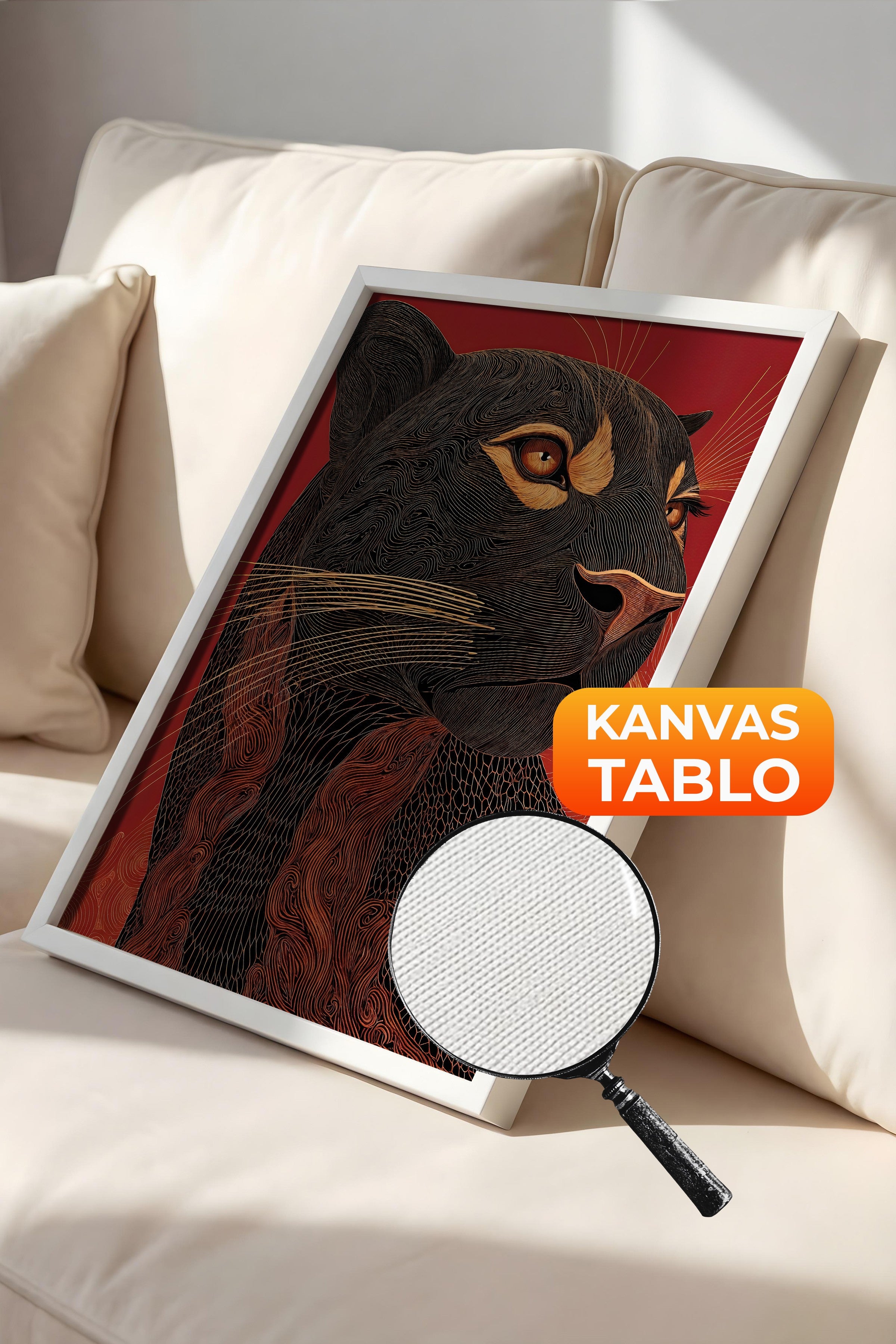 Duvar Tablosu, Lüks Beyaz Çerçeveli Kanvas Tablo, Ritüel Serisi, Leopar Tablo, NO:115267