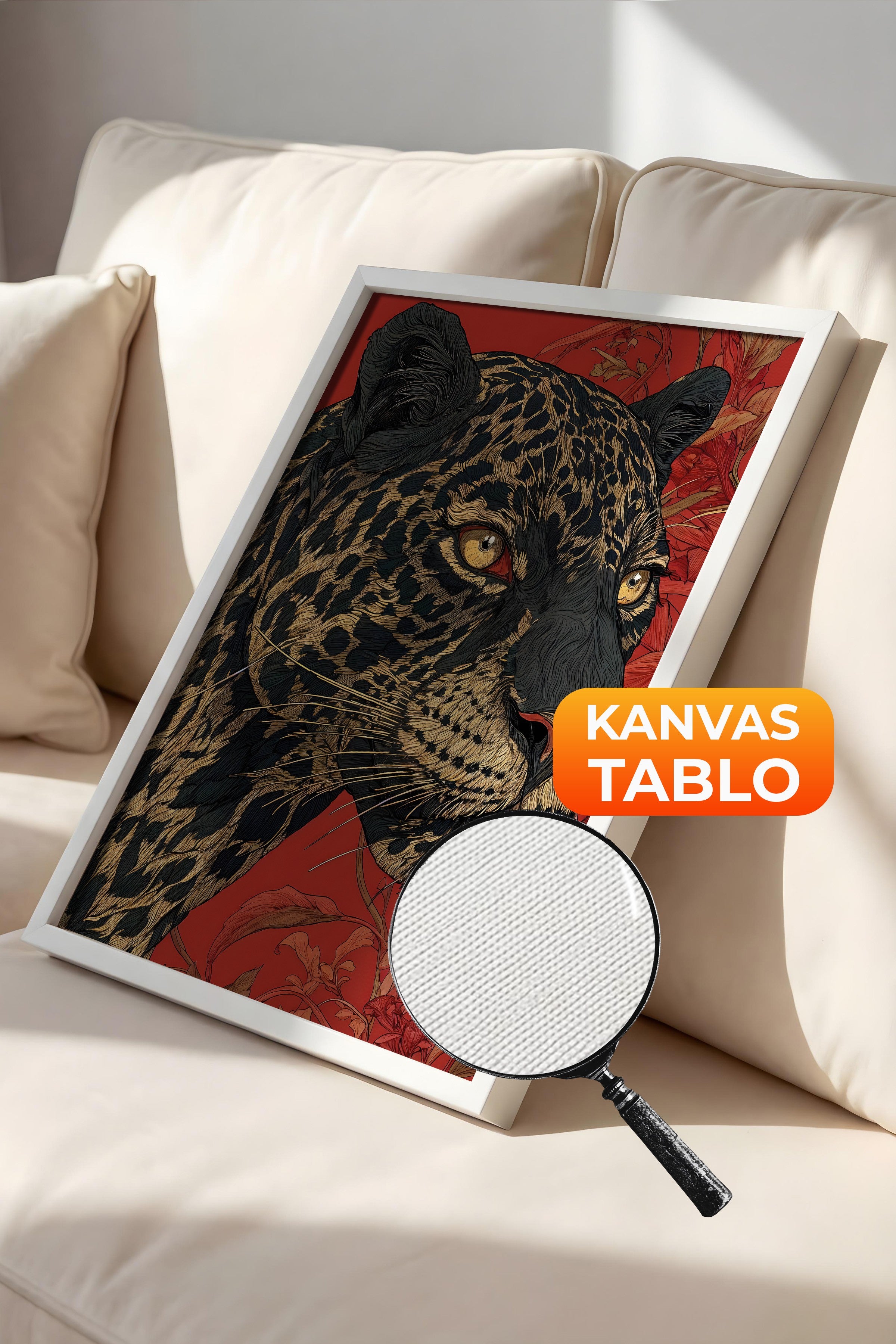 Duvar Tablosu, Lüks Beyaz Çerçeveli Kanvas Tablo, Ritüel Serisi, Leopar Tablo, NO:115268