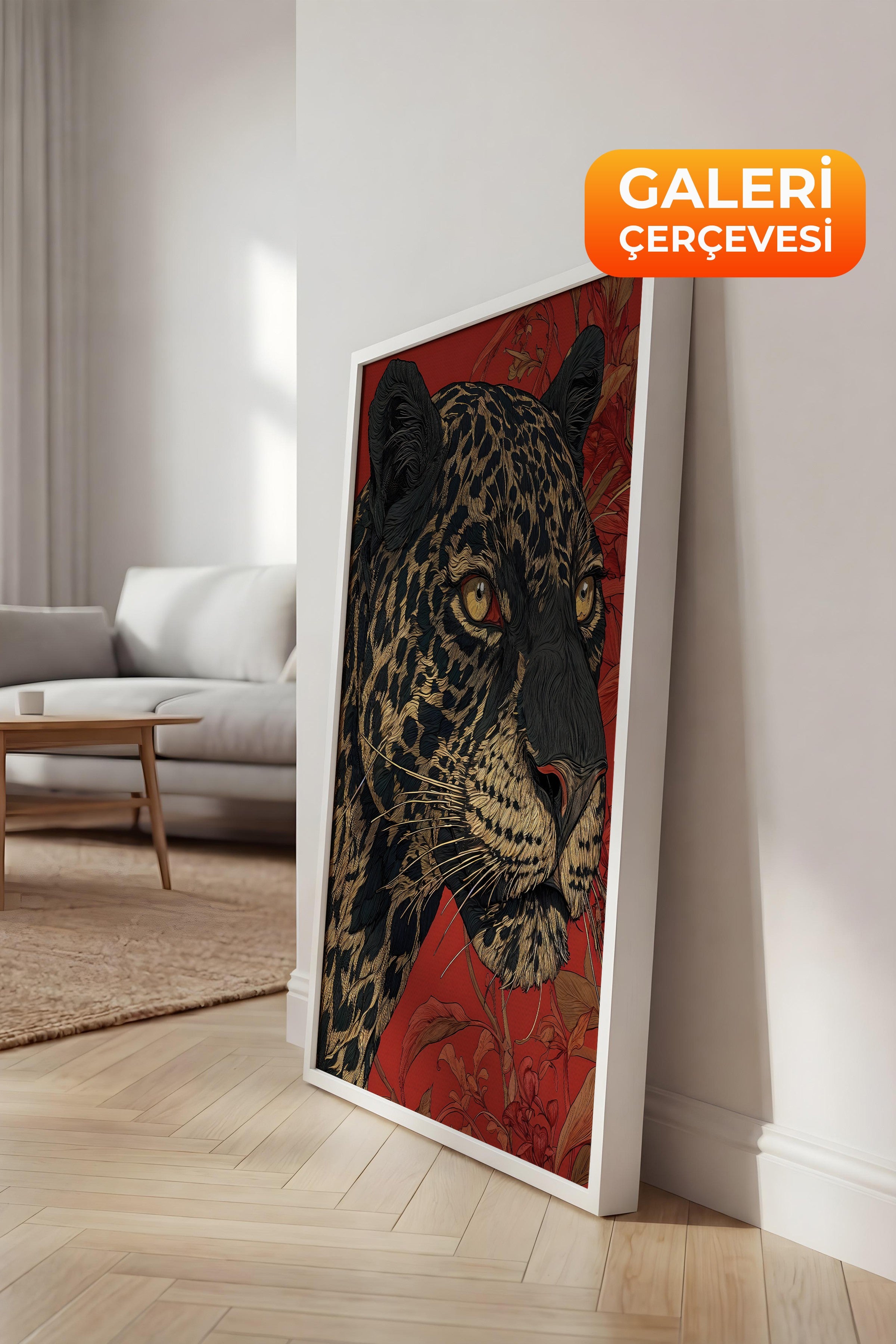 Duvar Tablosu, Lüks Beyaz Çerçeveli Kanvas Tablo, Ritüel Serisi, Leopar Tablo, NO:115268