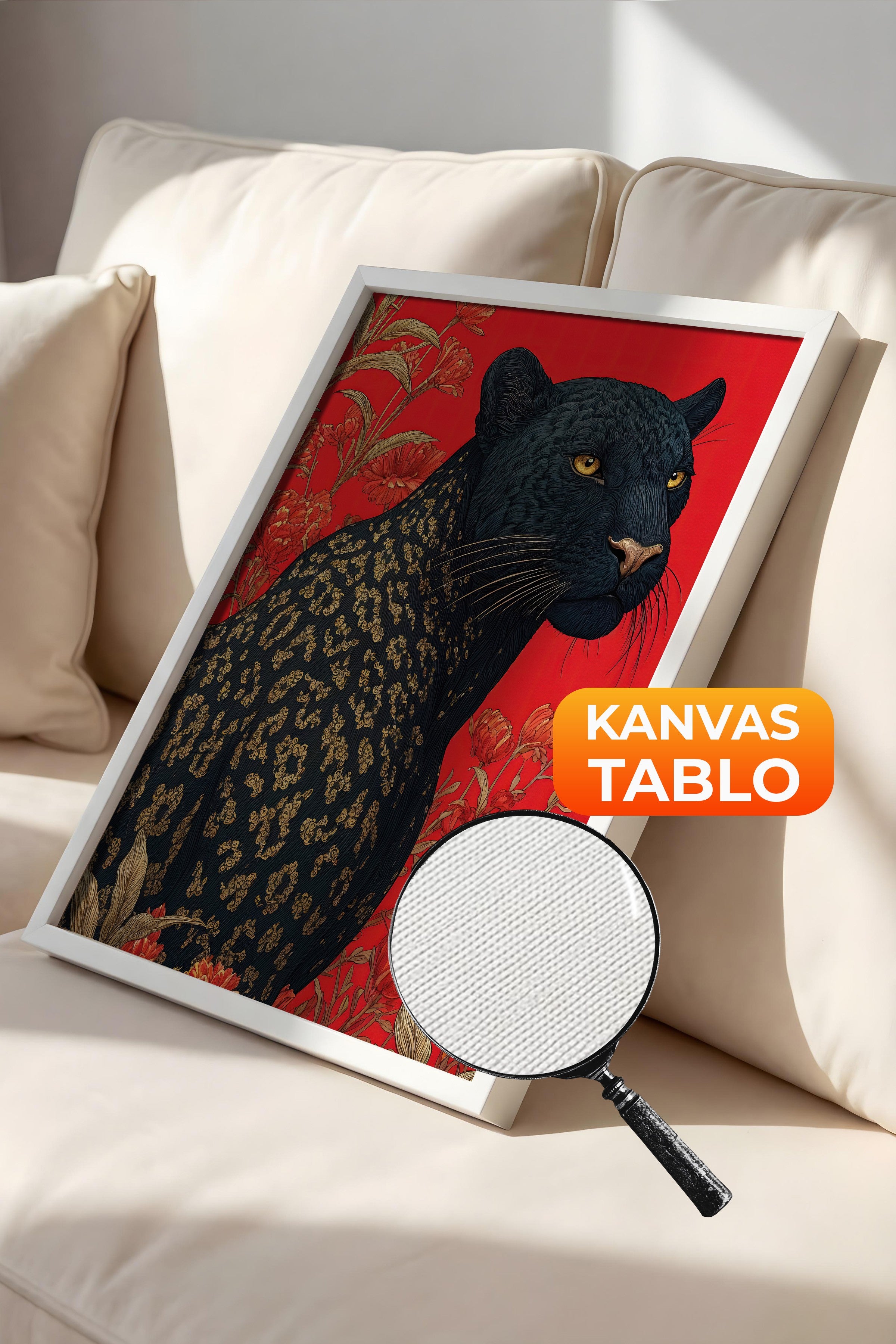 Duvar Tablosu, Lüks Beyaz Çerçeveli Kanvas Tablo, Ritüel Serisi, Leopar Tablo, NO:115269