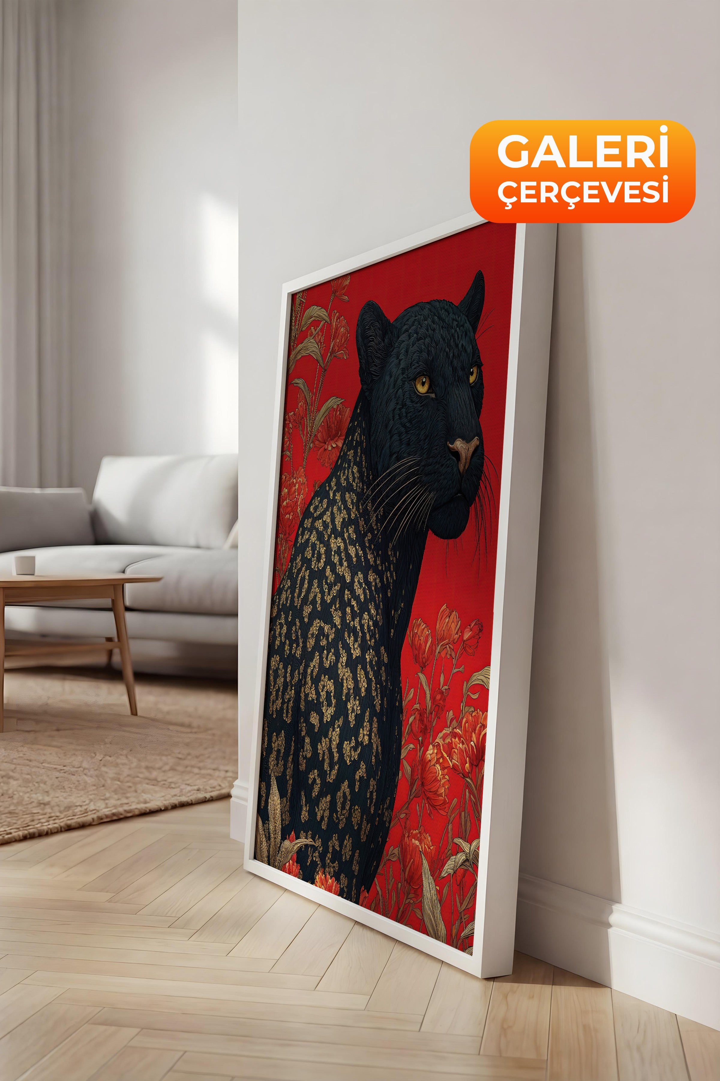 Duvar Tablosu, Lüks Beyaz Çerçeveli Kanvas Tablo, Ritüel Serisi, Leopar Tablo, NO:115269