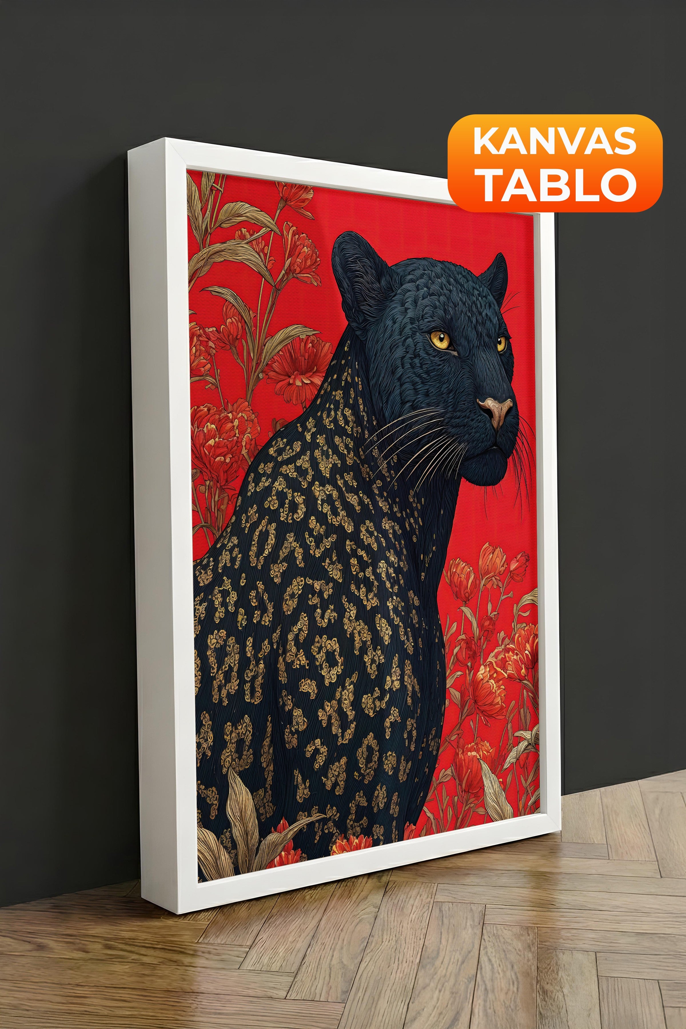 Duvar Tablosu, Lüks Beyaz Çerçeveli Kanvas Tablo, Ritüel Serisi, Leopar Tablo, NO:115269