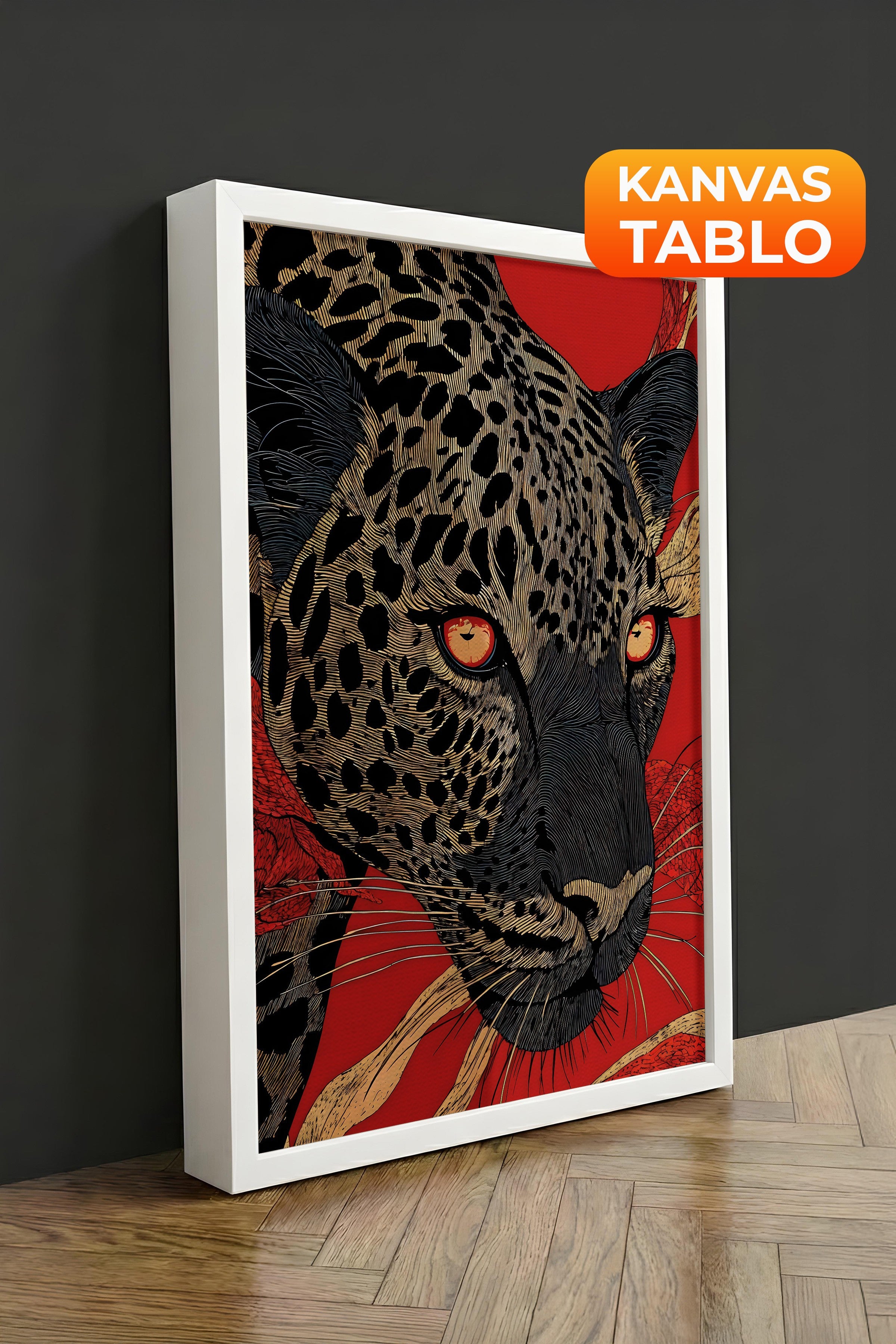 Duvar Tablosu, Lüks Beyaz Çerçeveli Kanvas Tablo, Ritüel Serisi, Leopar Tablo, NO:115270