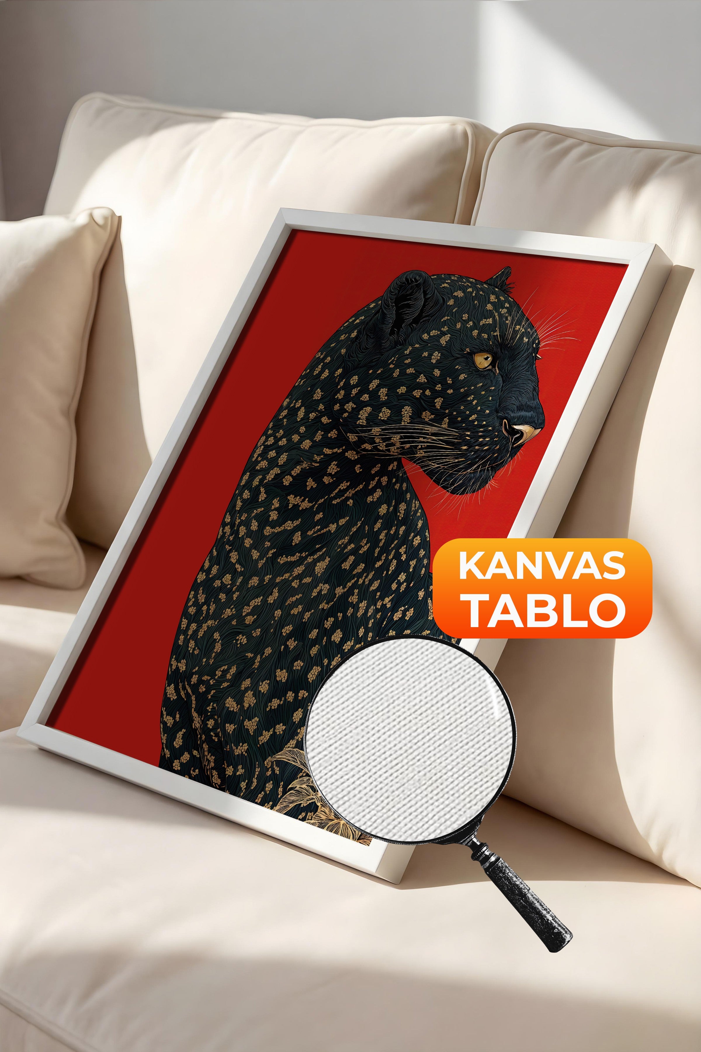Duvar Tablosu, Lüks Beyaz Çerçeveli Kanvas Tablo, Ritüel Serisi, Leopar Tablo, NO:115272