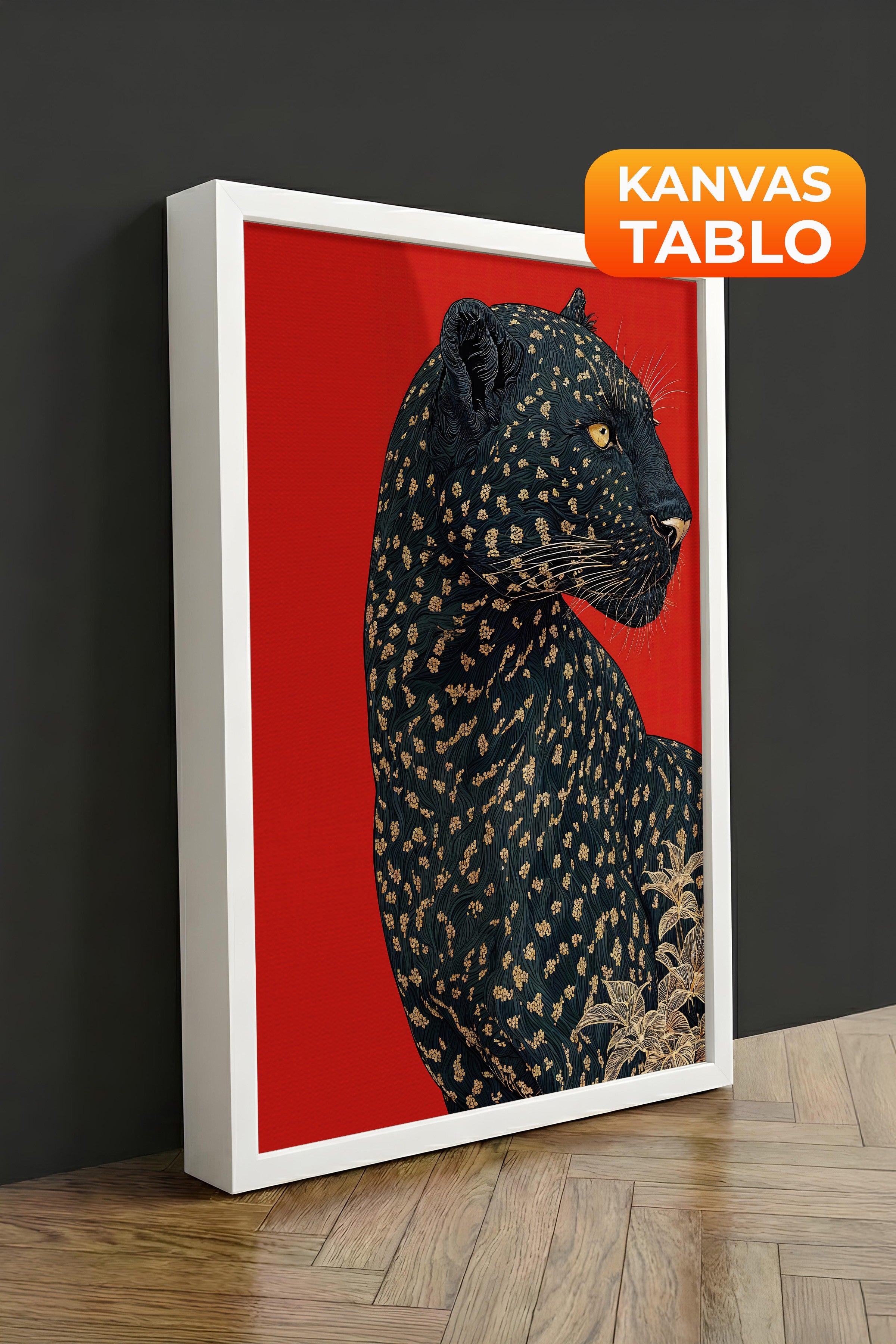 Duvar Tablosu, Lüks Beyaz Çerçeveli Kanvas Tablo, Ritüel Serisi, Leopar Tablo, NO:115272