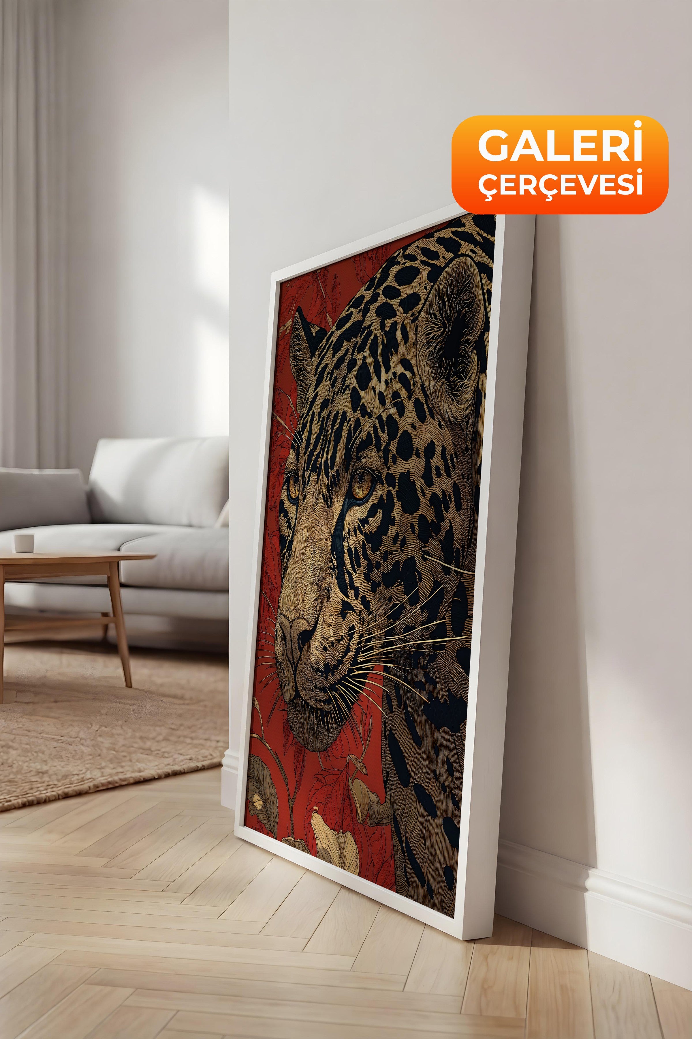 Duvar Tablosu, Lüks Beyaz Çerçeveli Kanvas Tablo, Ritüel Serisi, Leopar Tablo, NO:115273