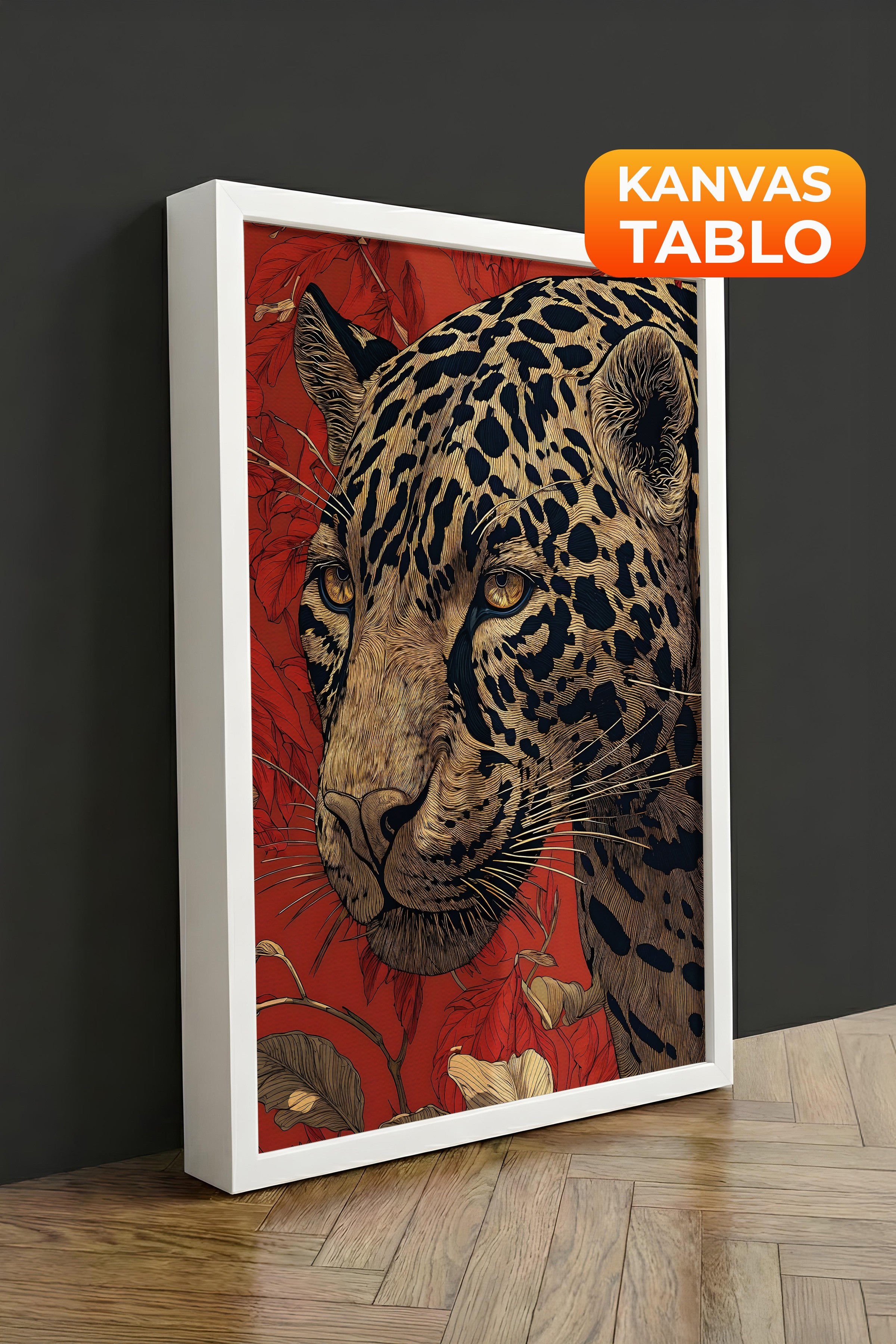 Duvar Tablosu, Lüks Beyaz Çerçeveli Kanvas Tablo, Ritüel Serisi, Leopar Tablo, NO:115273