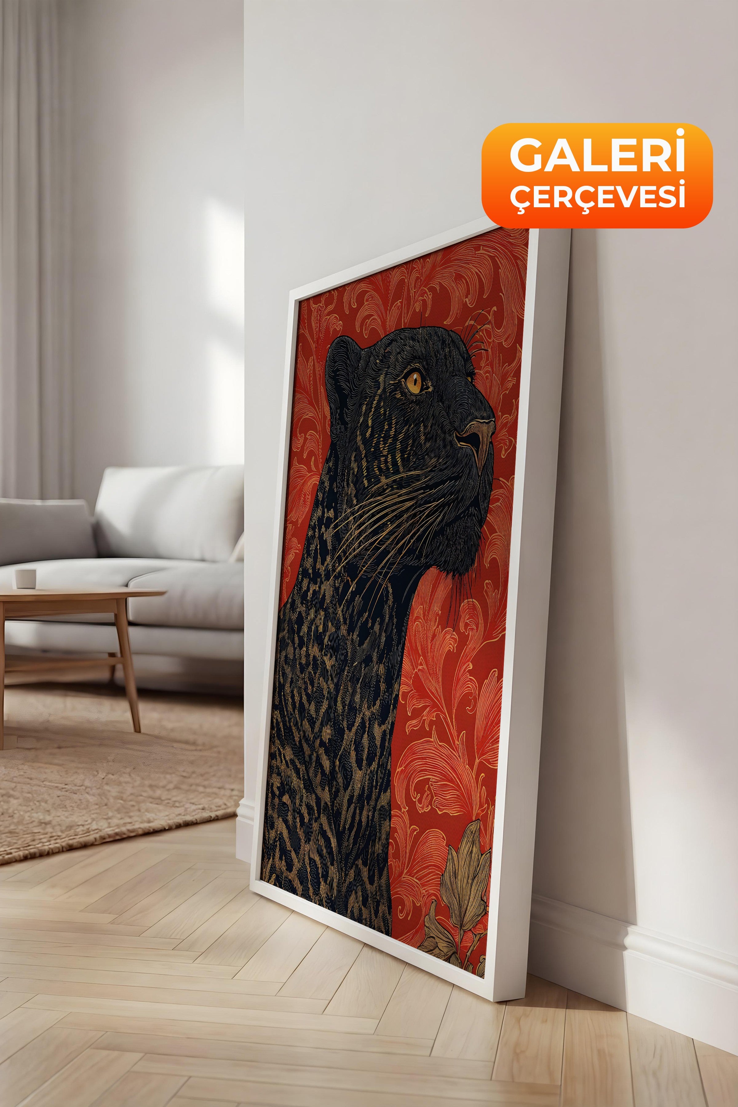 Duvar Tablosu, Lüks Beyaz Çerçeveli Kanvas Tablo, Ritüel Serisi, Leopar Tablo, NO:115274