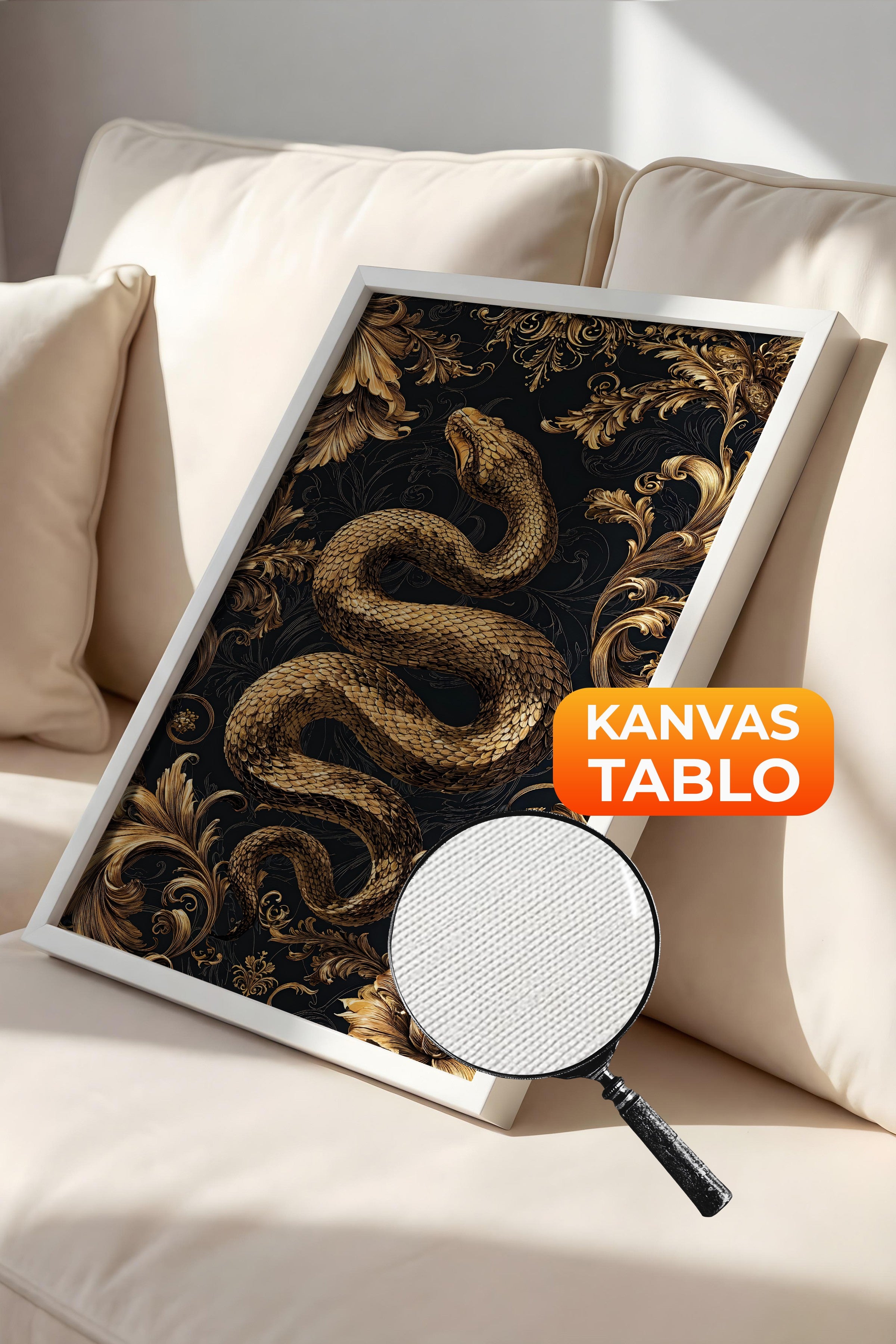 Duvar Tablosu, Lüks Beyaz Çerçeveli Kanvas Tablo, Ritüel Serisi, Yılan Tablo, NO:115249