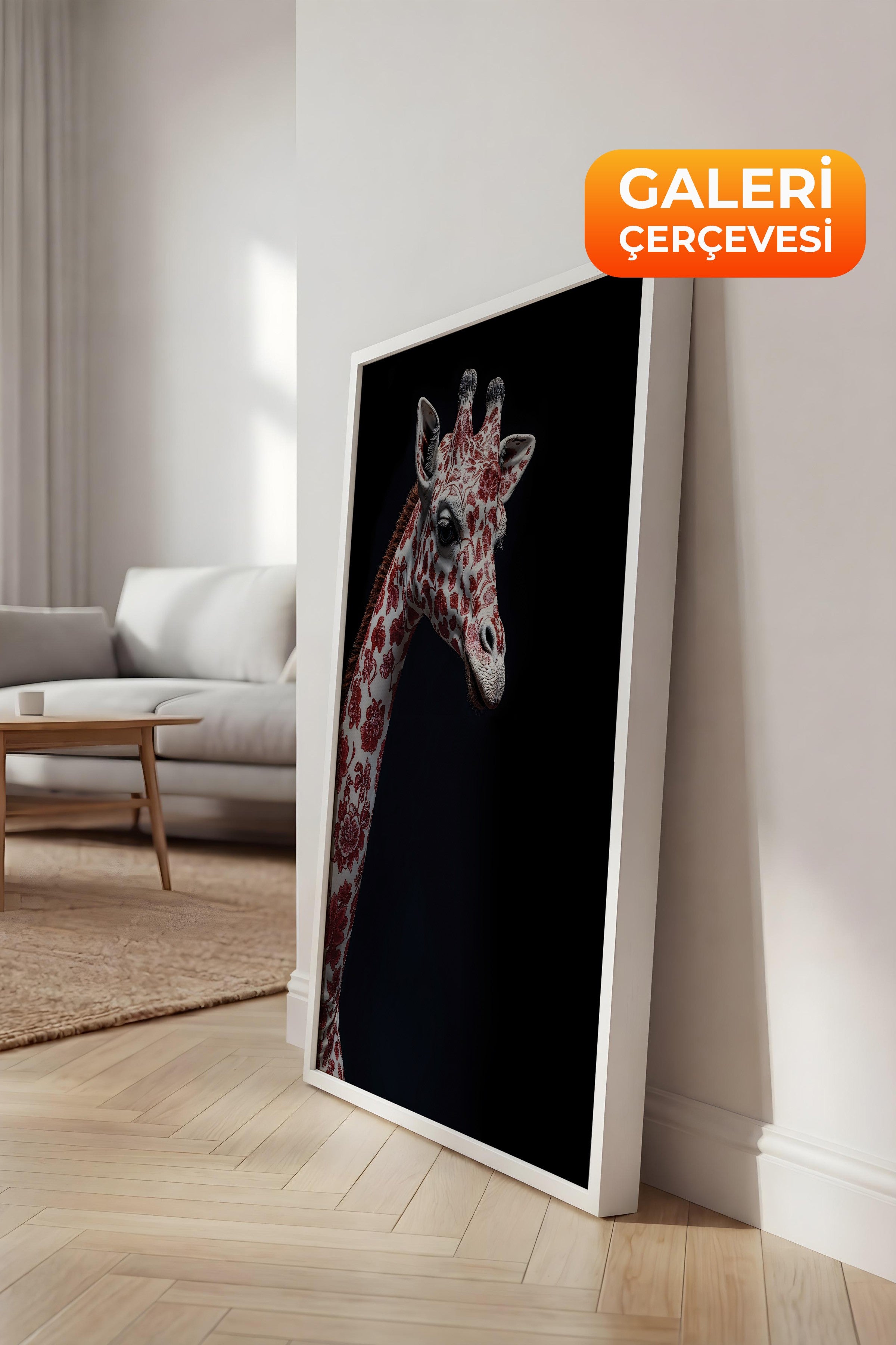 Duvar Tablosu, Lüks Beyaz Çerçeveli Kanvas Tablo, Ritüel Serisi, Zürafa Tablo, NO:115260