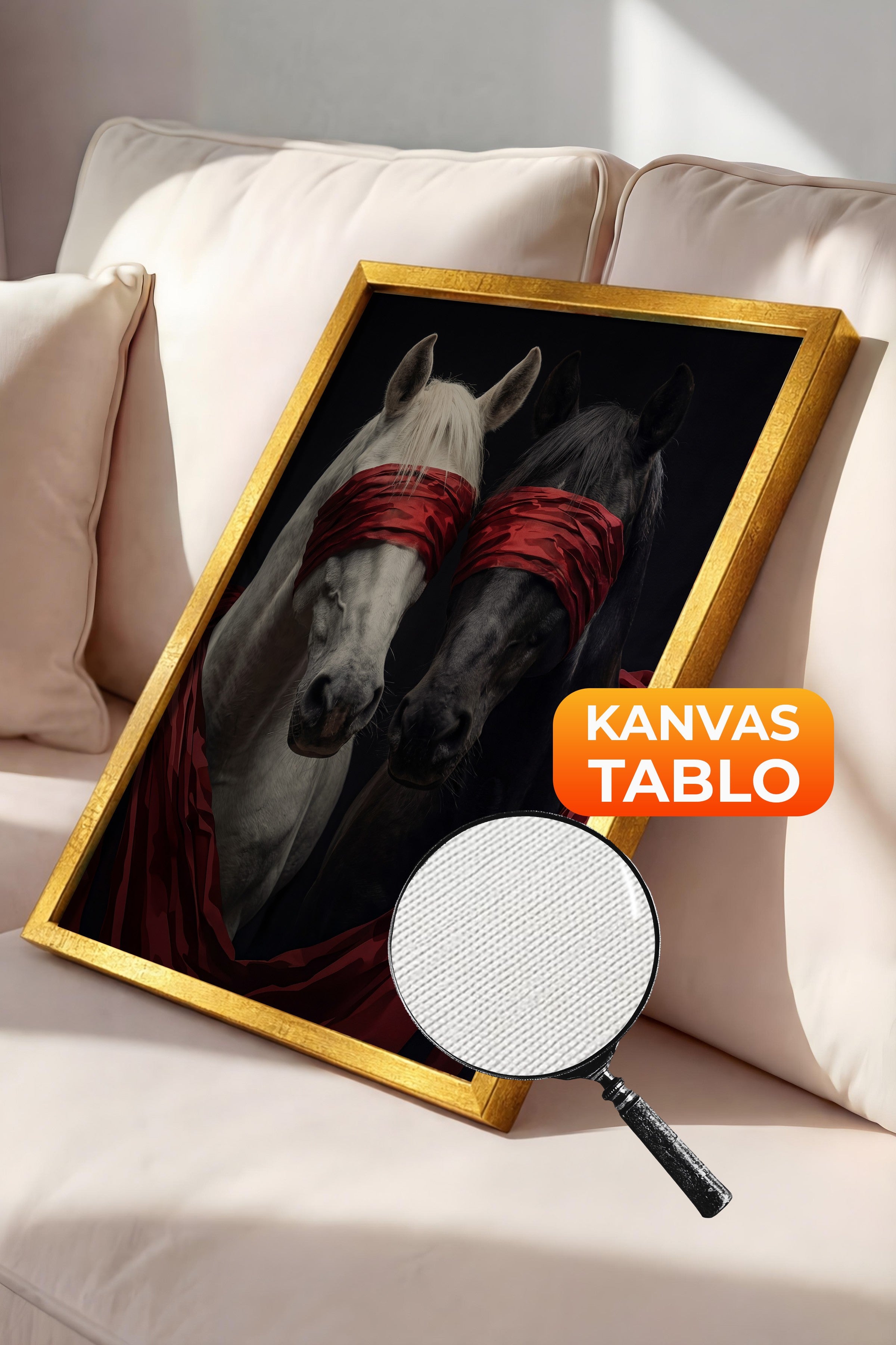 Duvar Tablosu, Lüks Gold Çerçeveli Kanvas Tablo, Ritüel Serisi, At Tablo, NO:115189