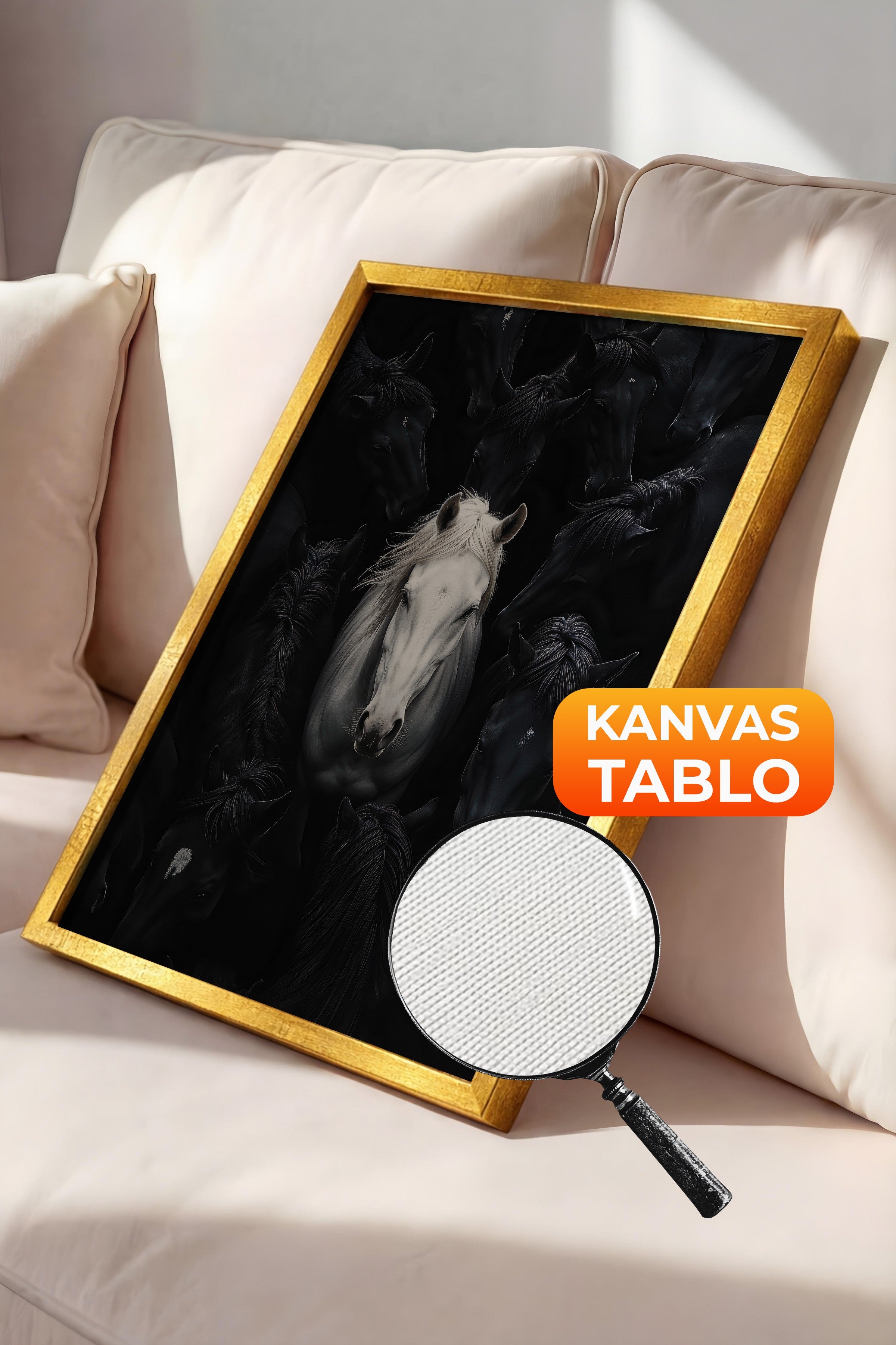 Duvar Tablosu, Lüks Gold Çerçeveli Kanvas Tablo, Ritüel Serisi, At Tablo, NO:115190