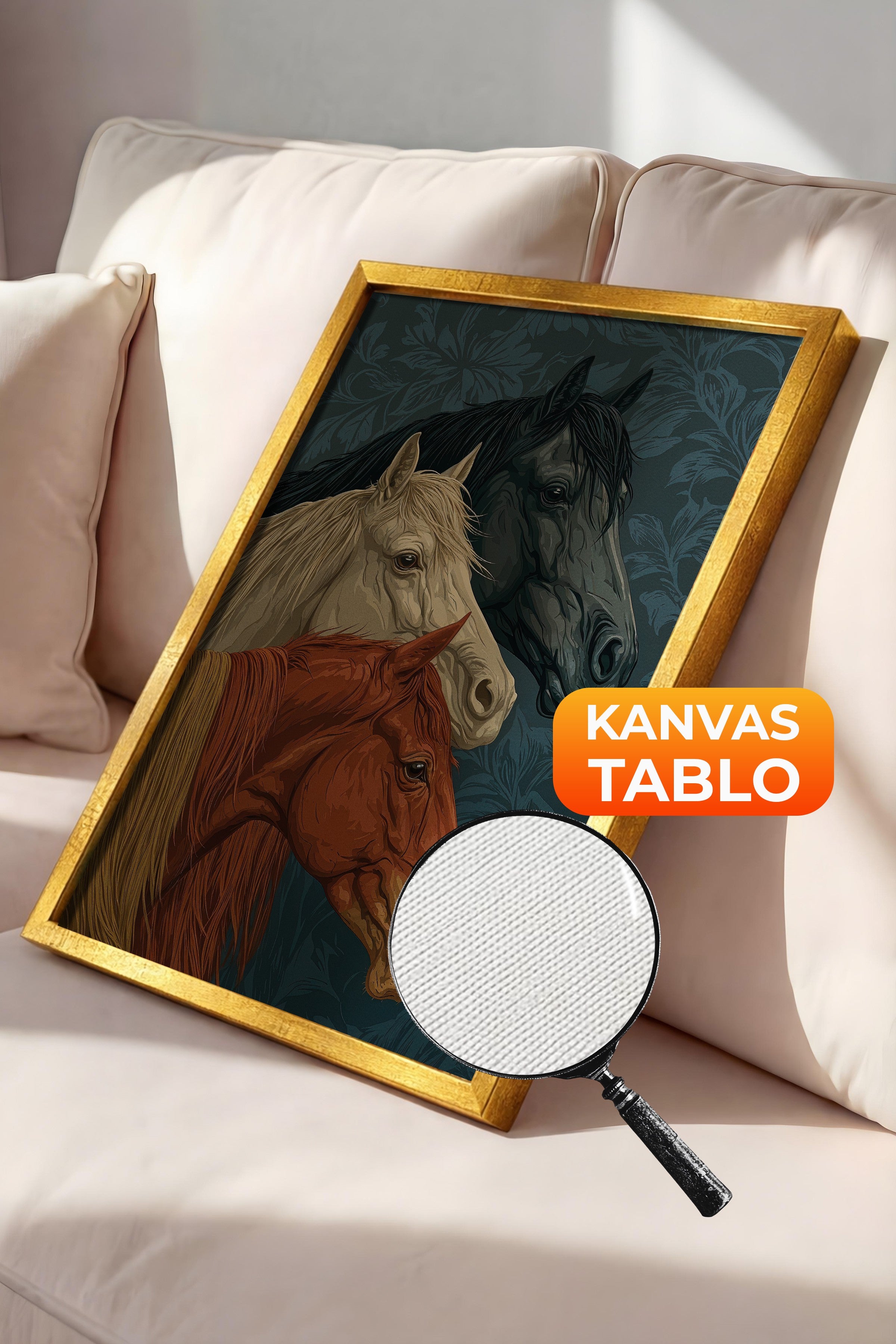 Duvar Tablosu, Lüks Gold Çerçeveli Kanvas Tablo, Ritüel Serisi, At Tablo, NO:115196