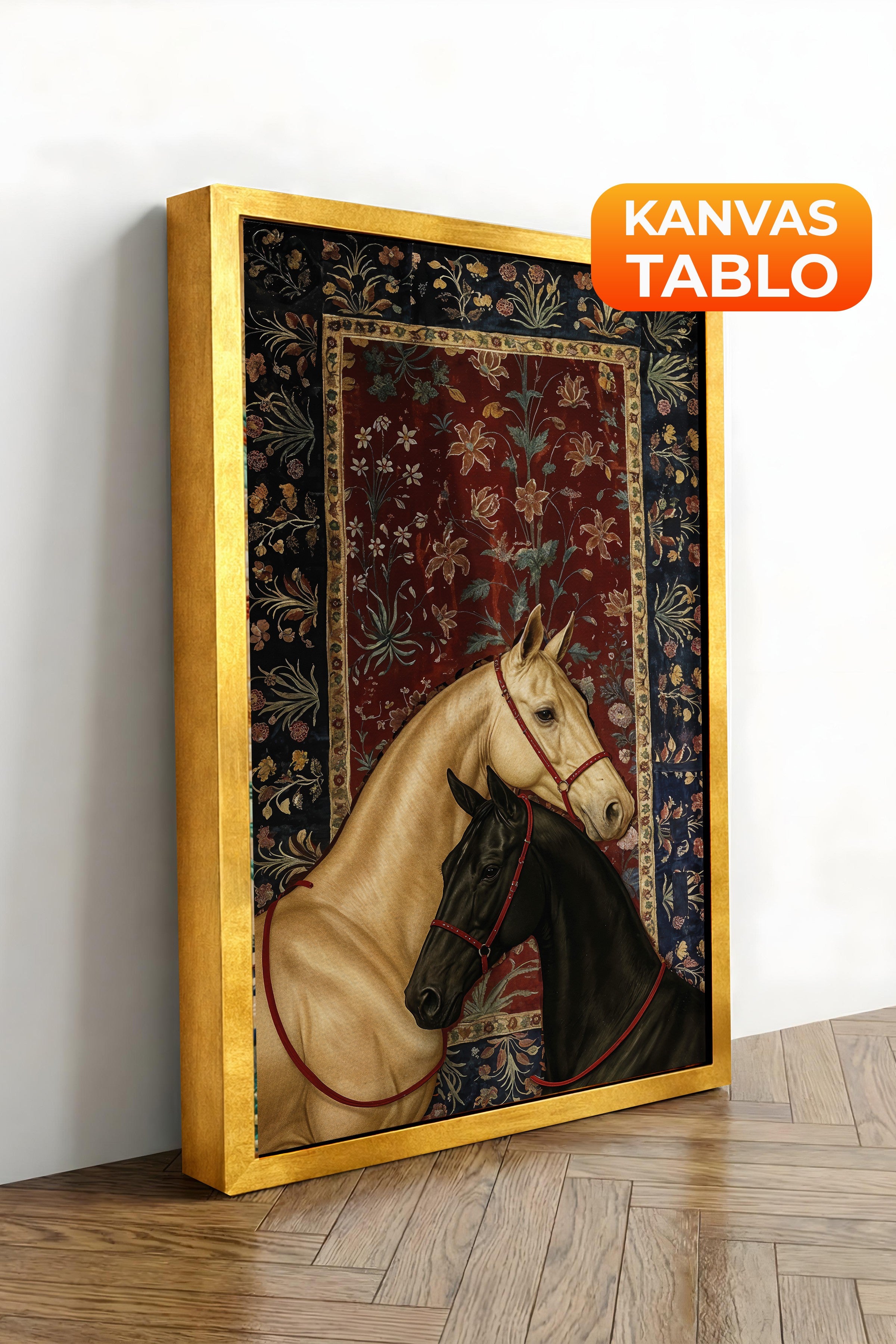 Duvar Tablosu, Lüks Gold Çerçeveli Kanvas Tablo, Ritüel Serisi, At Tablo, NO:115197