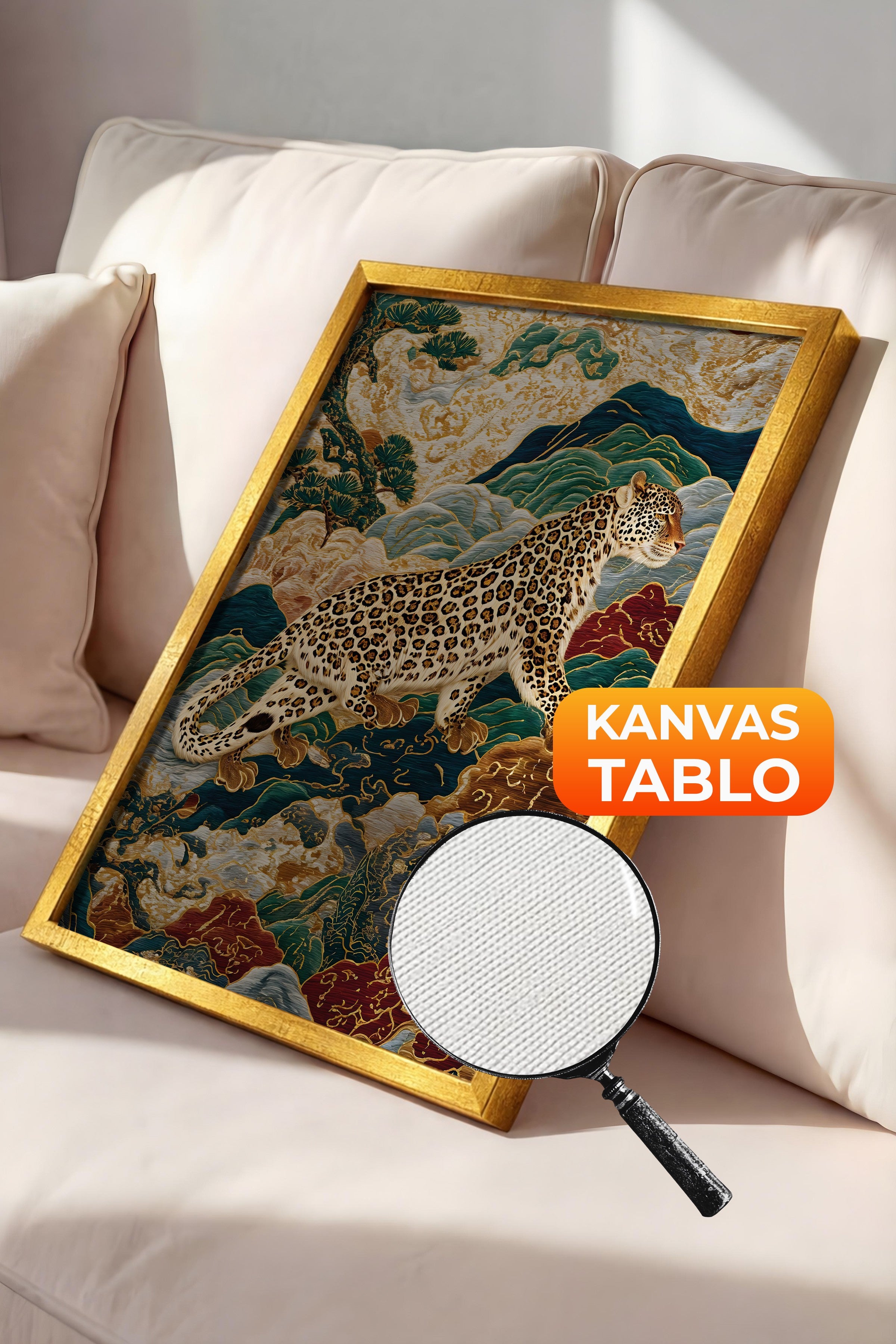 Duvar Tablosu, Lüks Gold Çerçeveli Kanvas Tablo, Ritüel Serisi, Leopar Tablo, NO:115250