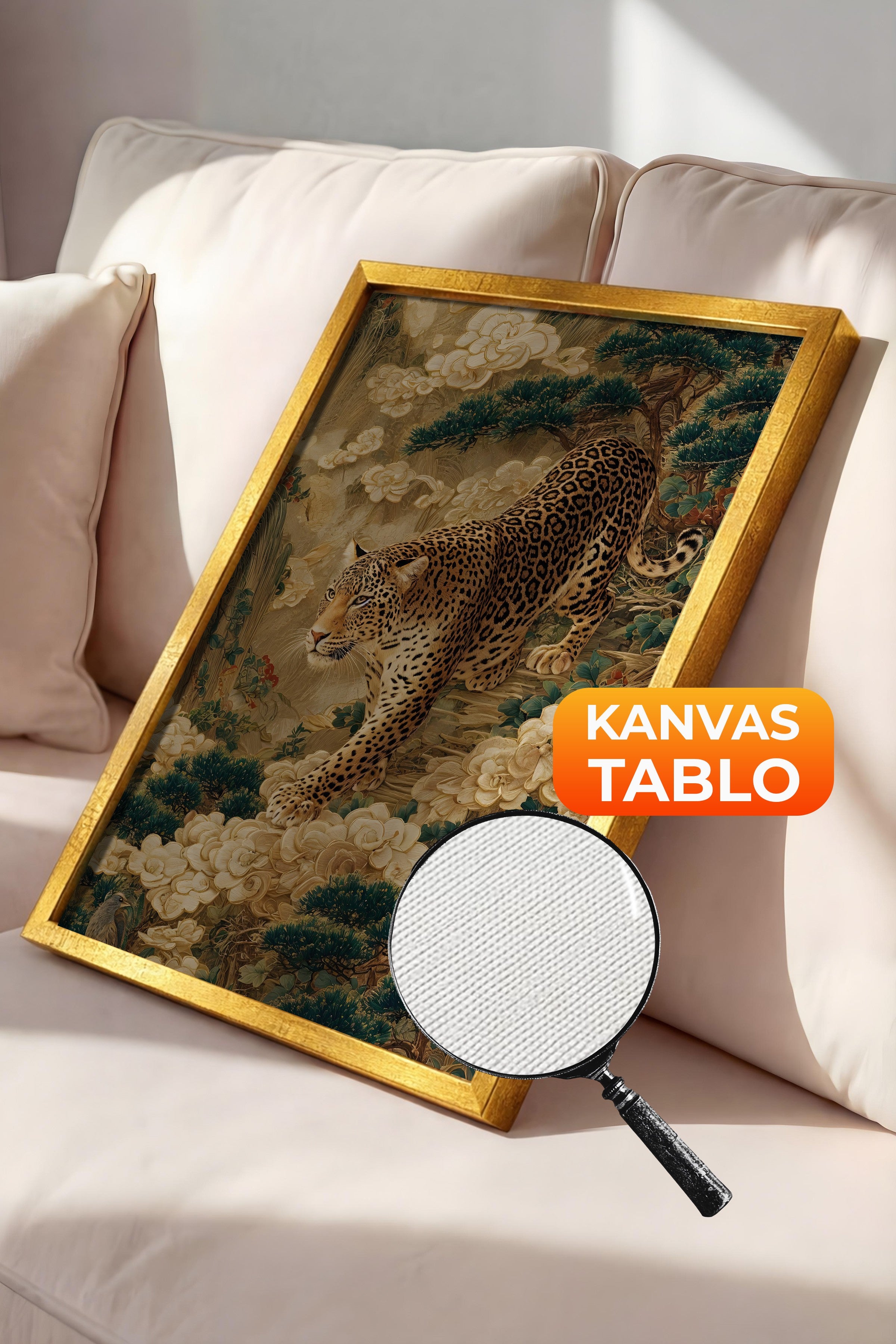 Duvar Tablosu, Lüks Gold Çerçeveli Kanvas Tablo, Ritüel Serisi, Leopar Tablo, NO:115251