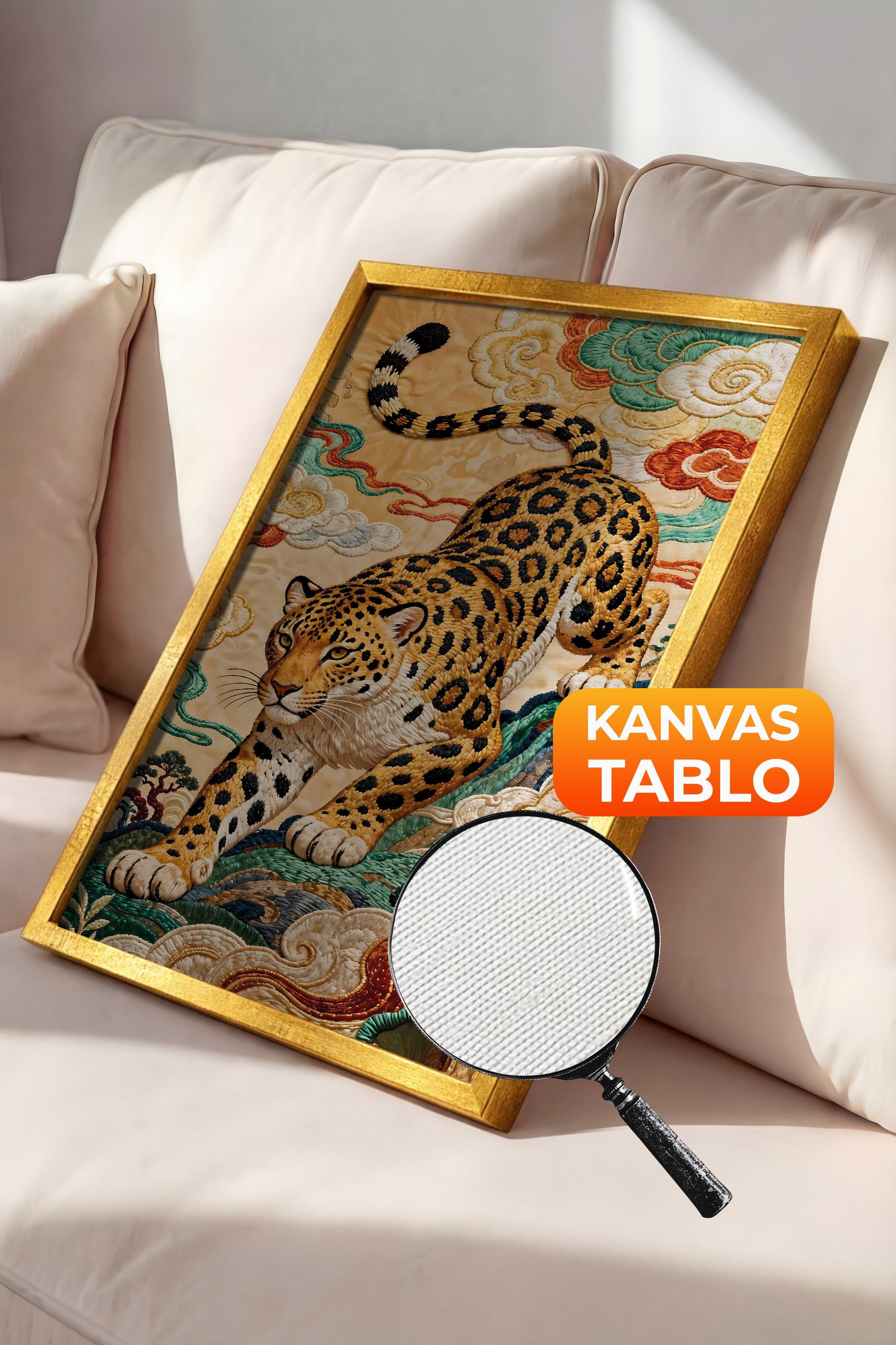 Duvar Tablosu, Lüks Gold Çerçeveli Kanvas Tablo, Ritüel Serisi, Leopar Tablo, NO:115253