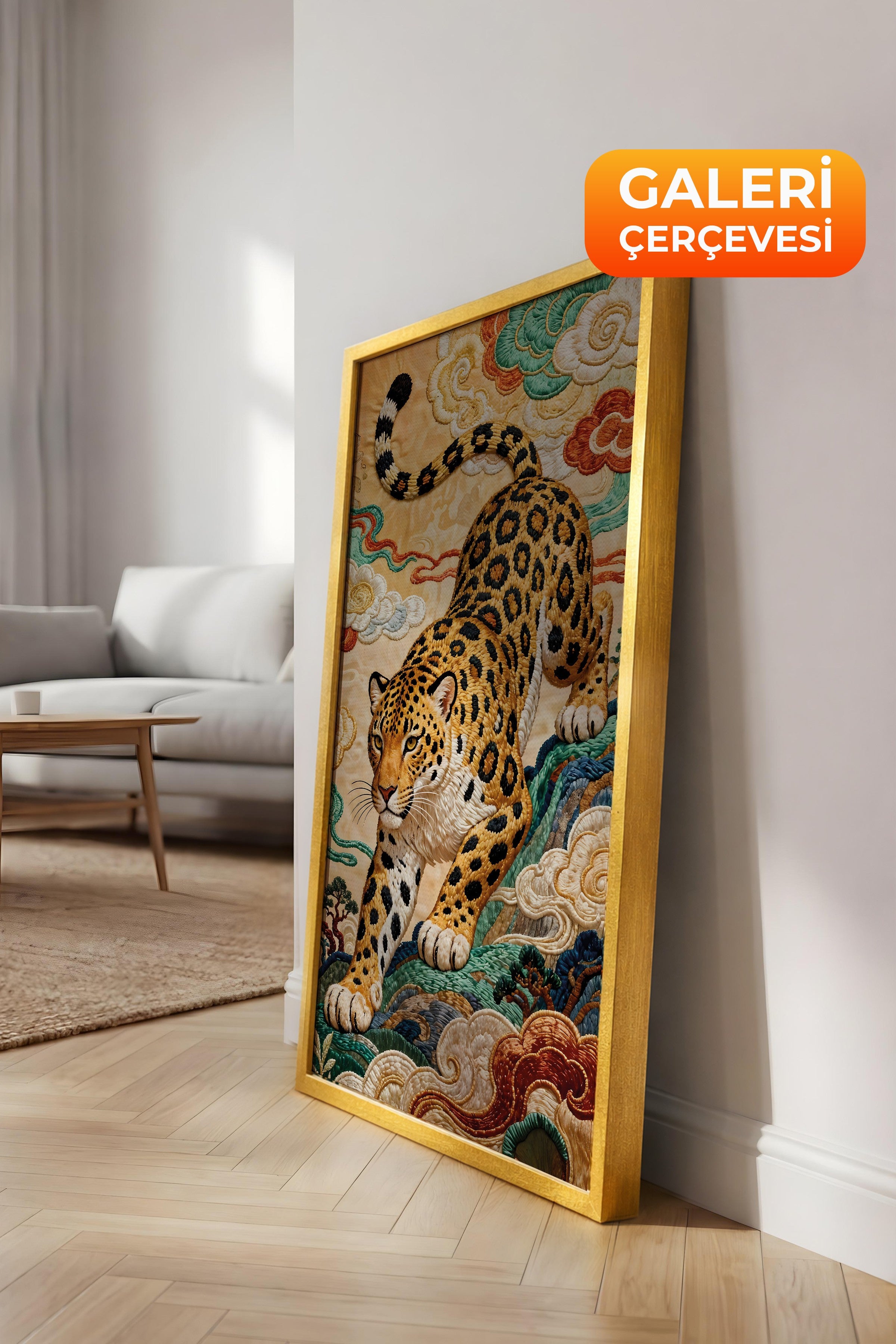 Duvar Tablosu, Lüks Gold Çerçeveli Kanvas Tablo, Ritüel Serisi, Leopar Tablo, NO:115253