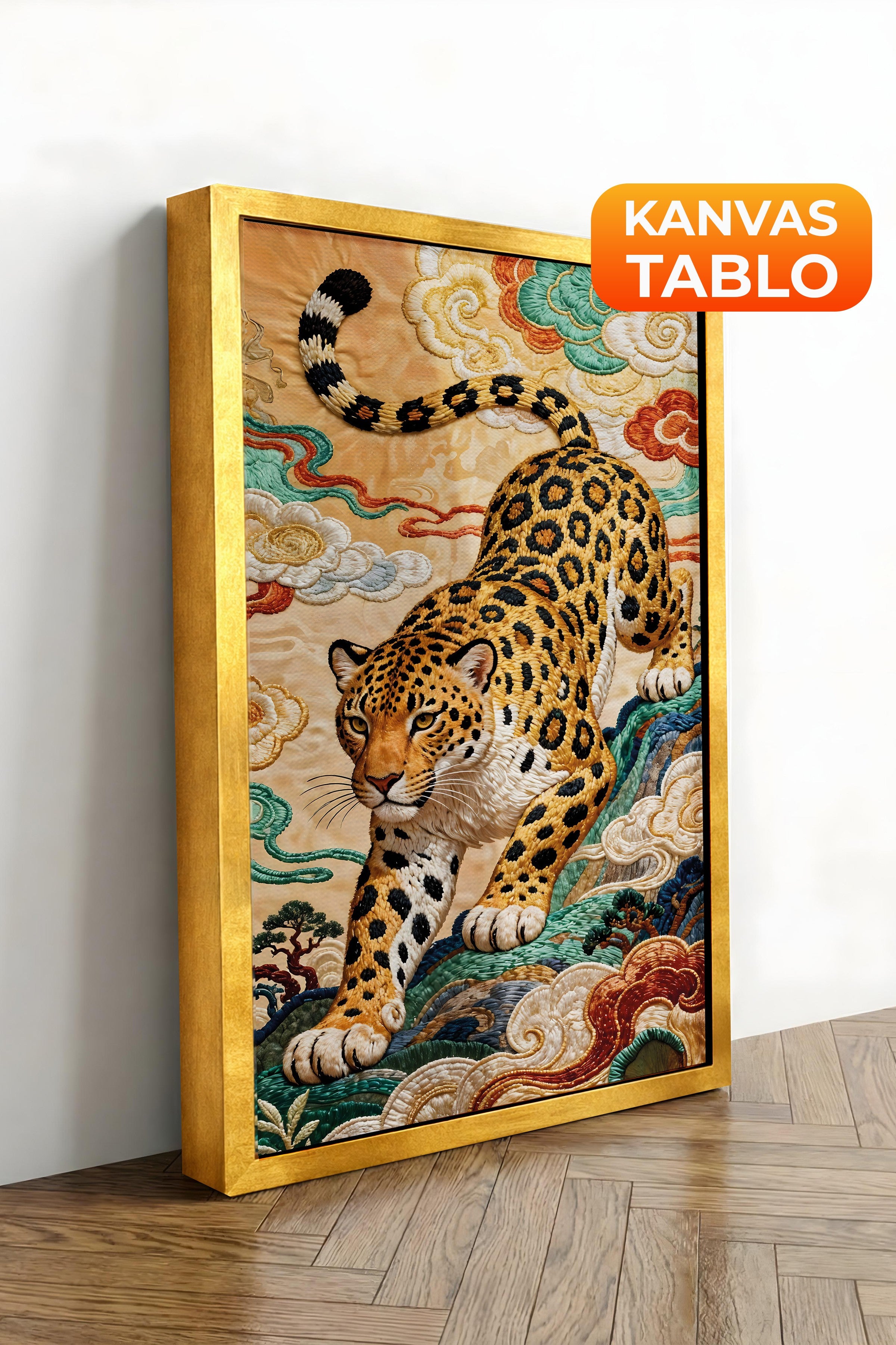 Duvar Tablosu, Lüks Gold Çerçeveli Kanvas Tablo, Ritüel Serisi, Leopar Tablo, NO:115253